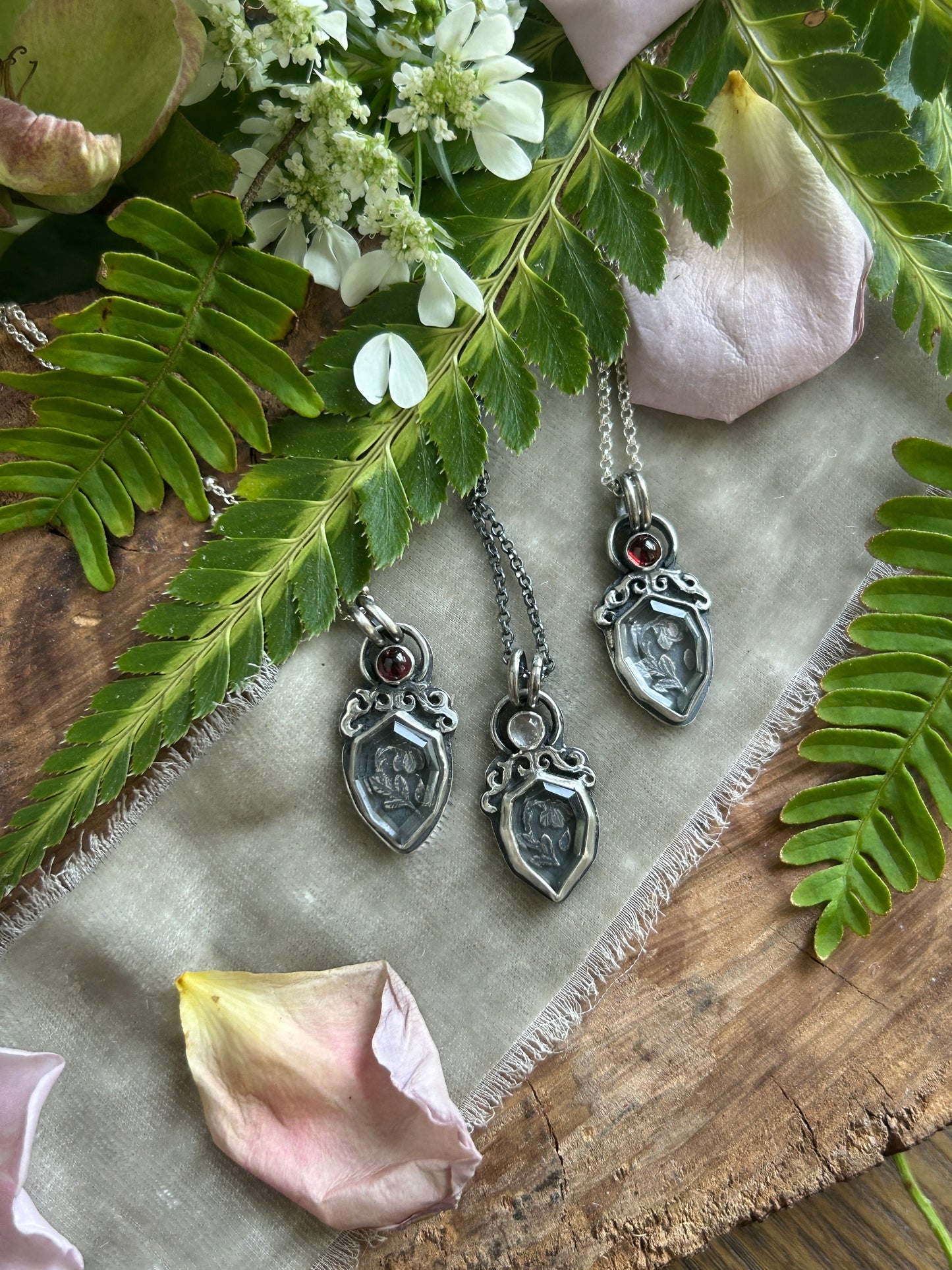 Enchanted rose necklace with portrait cut quartz & choice of garnet or rose quartz- Sterling silver jewelry