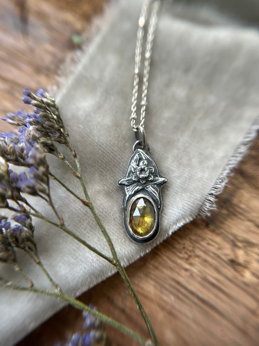 Sphene and Daffodil Necklace- sterling silver floral jewelry