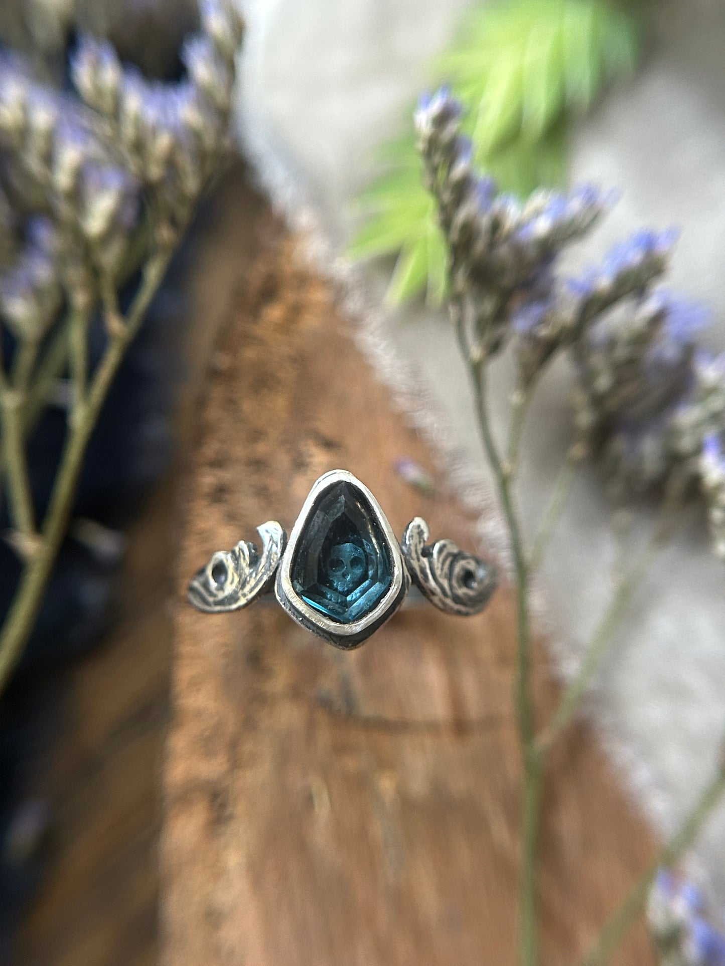 London Blue Topaz Memento Mori Skull and Waves Ring- sterling silver jewelry- MADE TO ORDER