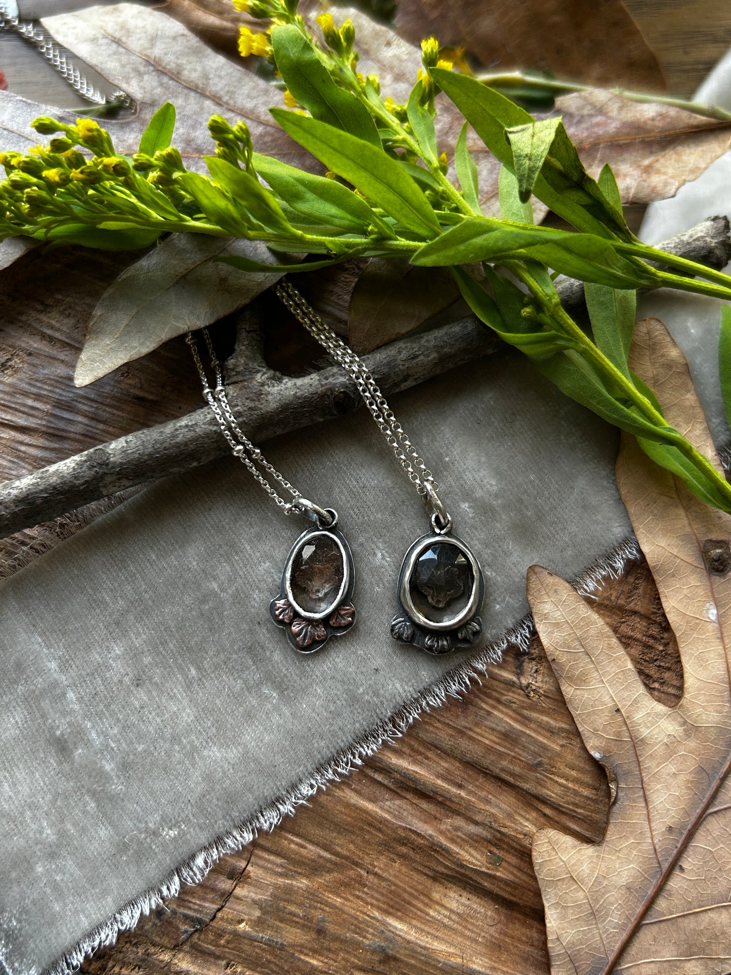 Forest Fox Necklace in Imperial Topaz or Smoky Quartz- sterling silver copper jewelry