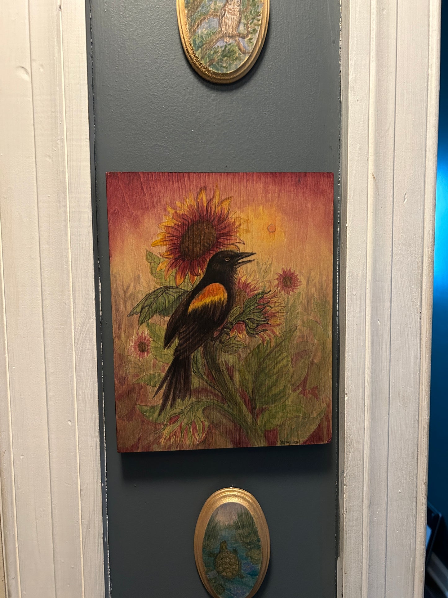 Red winged blackbird harvest sunset with sunflowers- original painting on wood panel