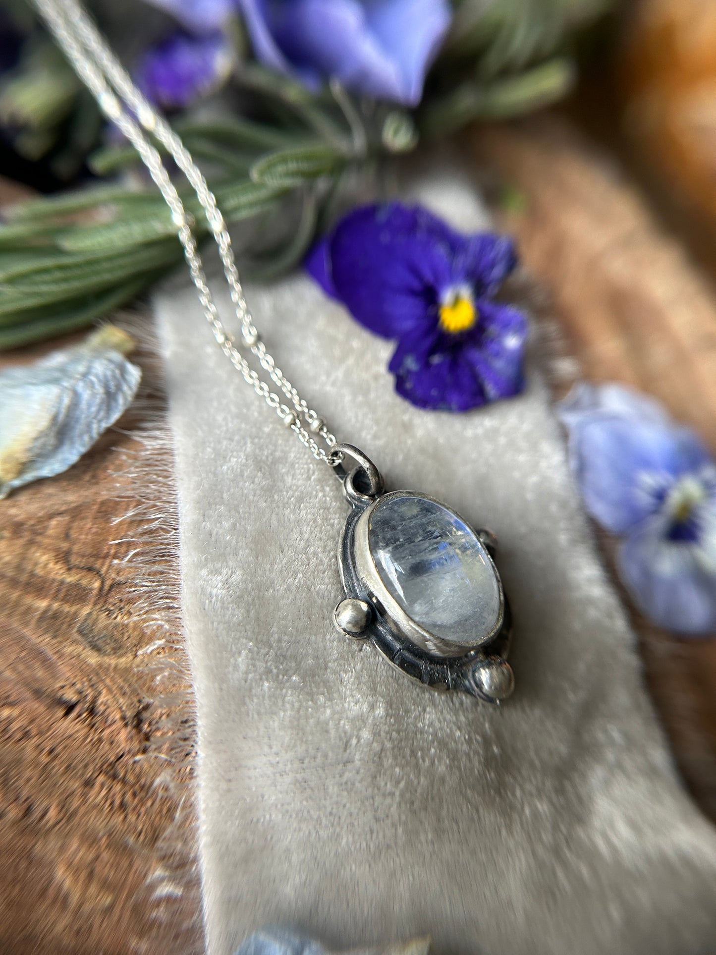 Rainbow Moonstone with Barn Owl back Necklace- sterling silver