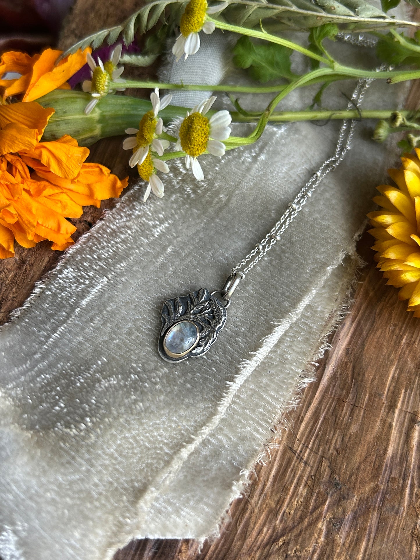 Rainbow moonstone elderflower necklace- brass and sterling silver jewelry