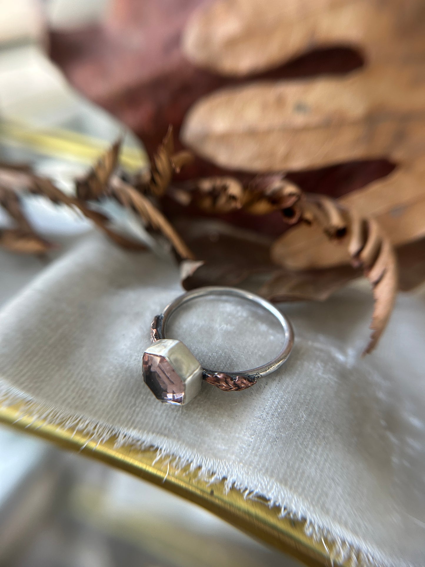 Preorder-autumn peach quartz oak leaf ring with your choice of under gem design- Sterling silver jewelry