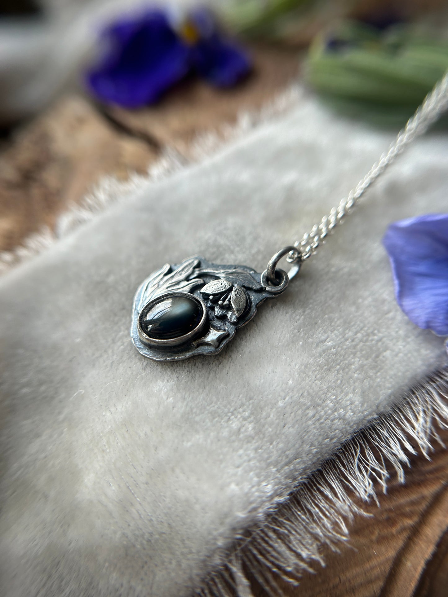 Hellebore with Black Star Sapphire Necklace- sterling silver