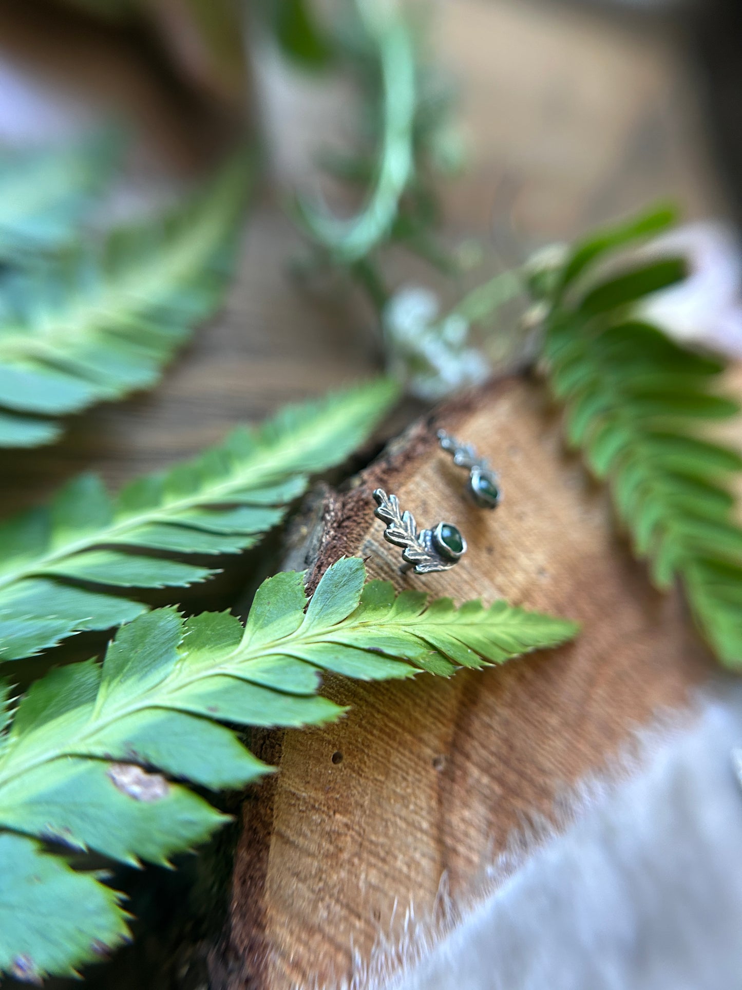 Fern Sprigs with Jade earrings- post style sterling silver jewelry
