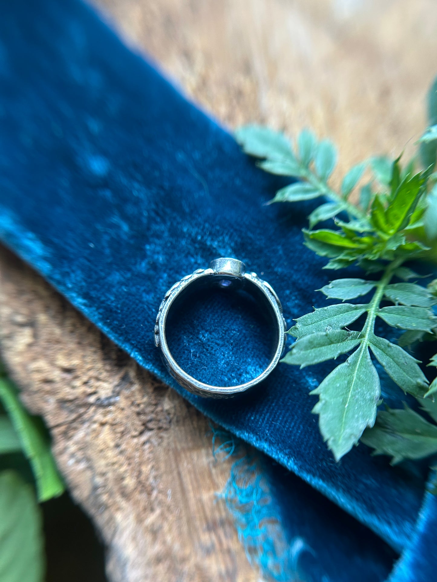 Woods Violet and Iolite wide hammered band ring- sterling silver jewelry