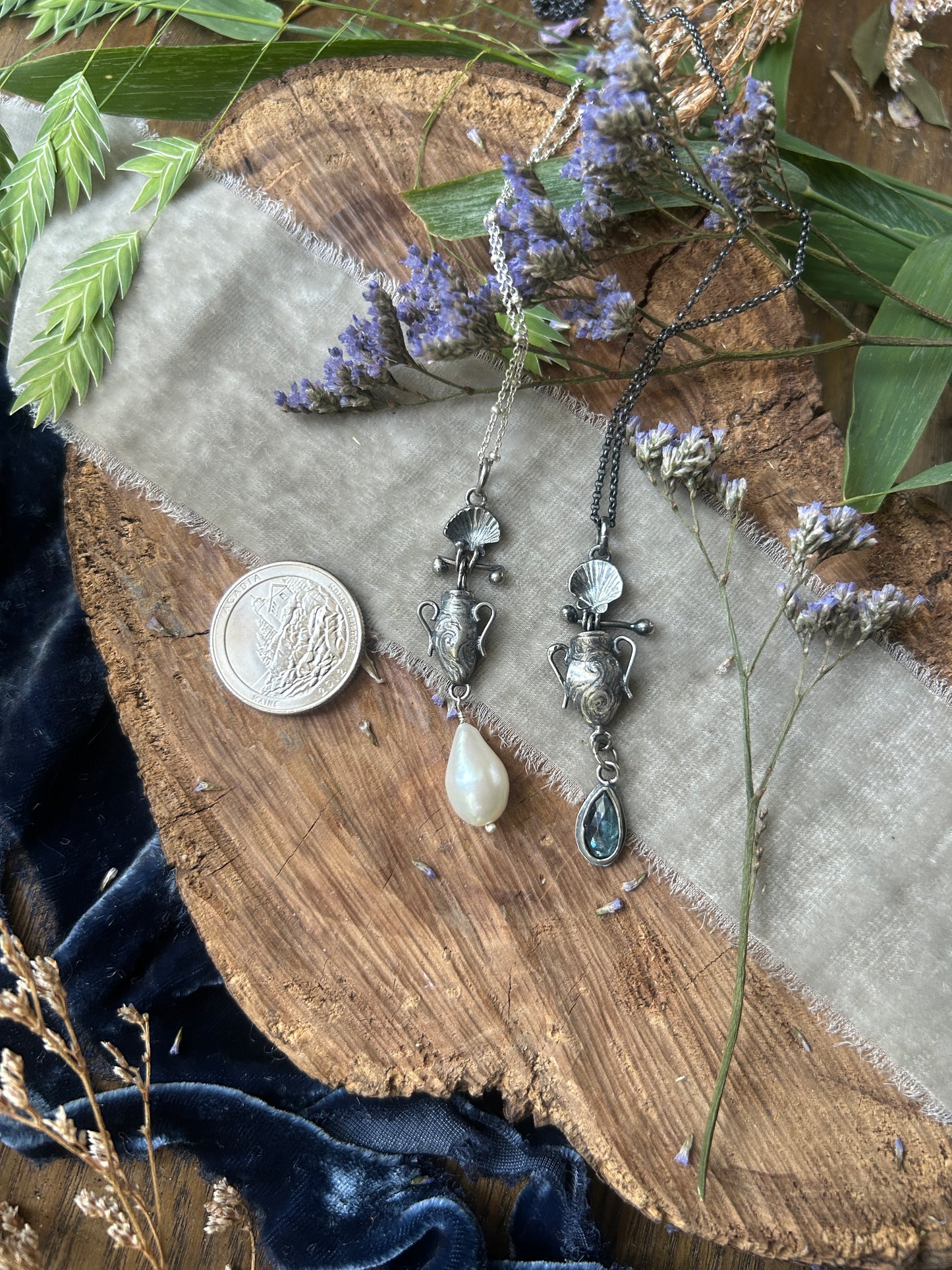 Urn of the Sea Necklace PREORDER-choice of pearl or kyanite- sterling silver jewelry