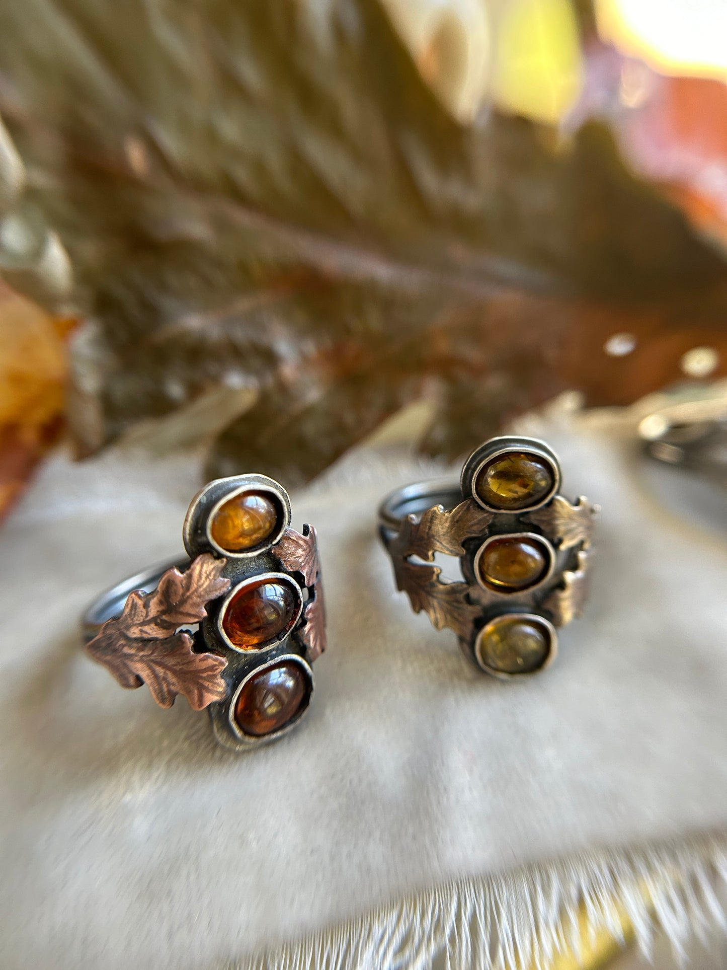 Tourmaline Autumn Forest Rings- any size- choice of green, orange, or yellow. Silver, copper, brass oak leaves