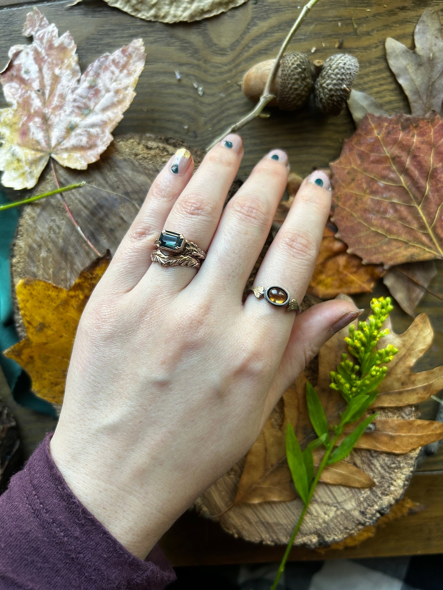 Ginkgo Leaves and Imperial Topaz Ring- sterling silver and brass jewelry
