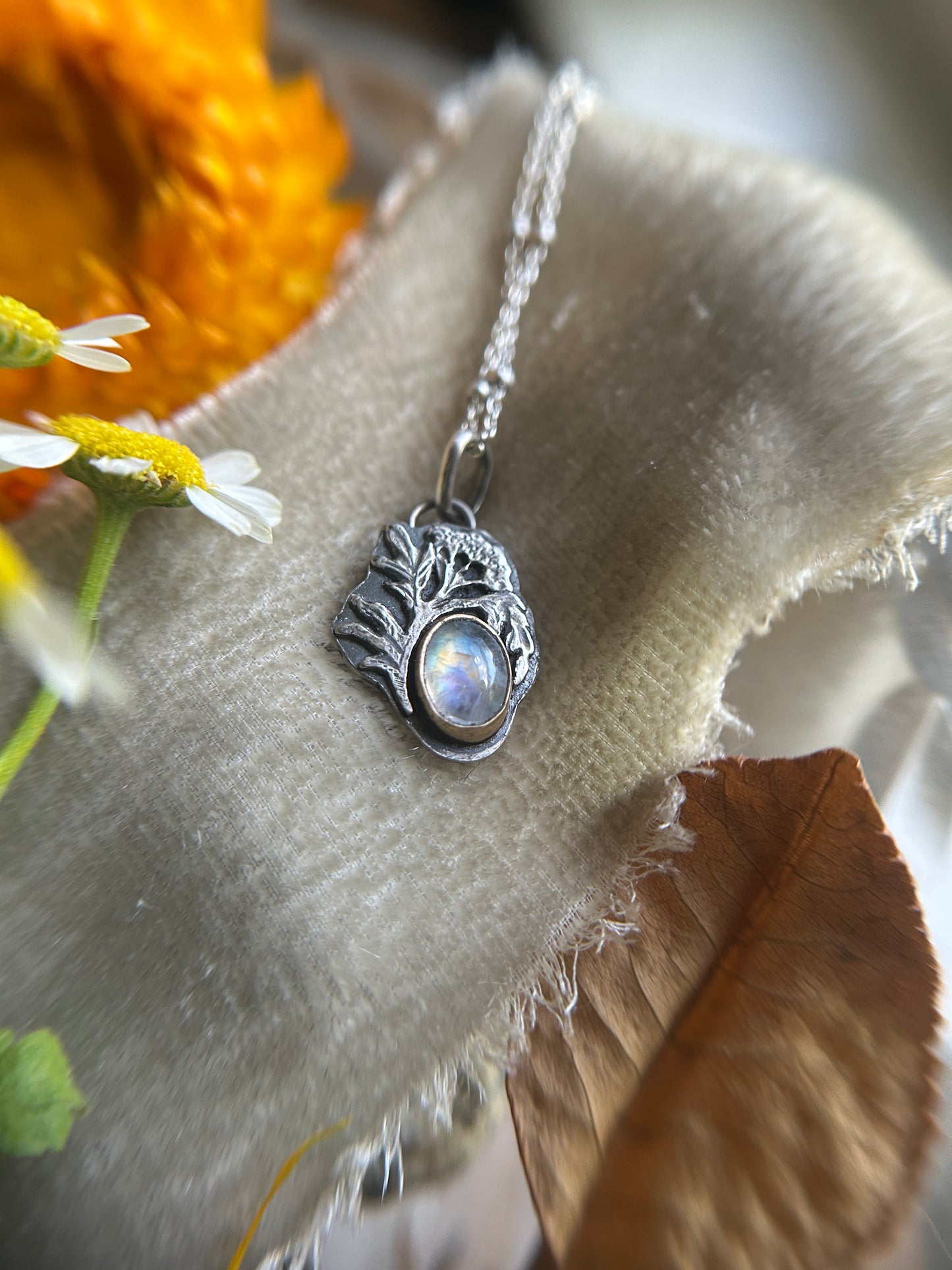 Rainbow moonstone elderflower necklace- brass and sterling silver jewelry