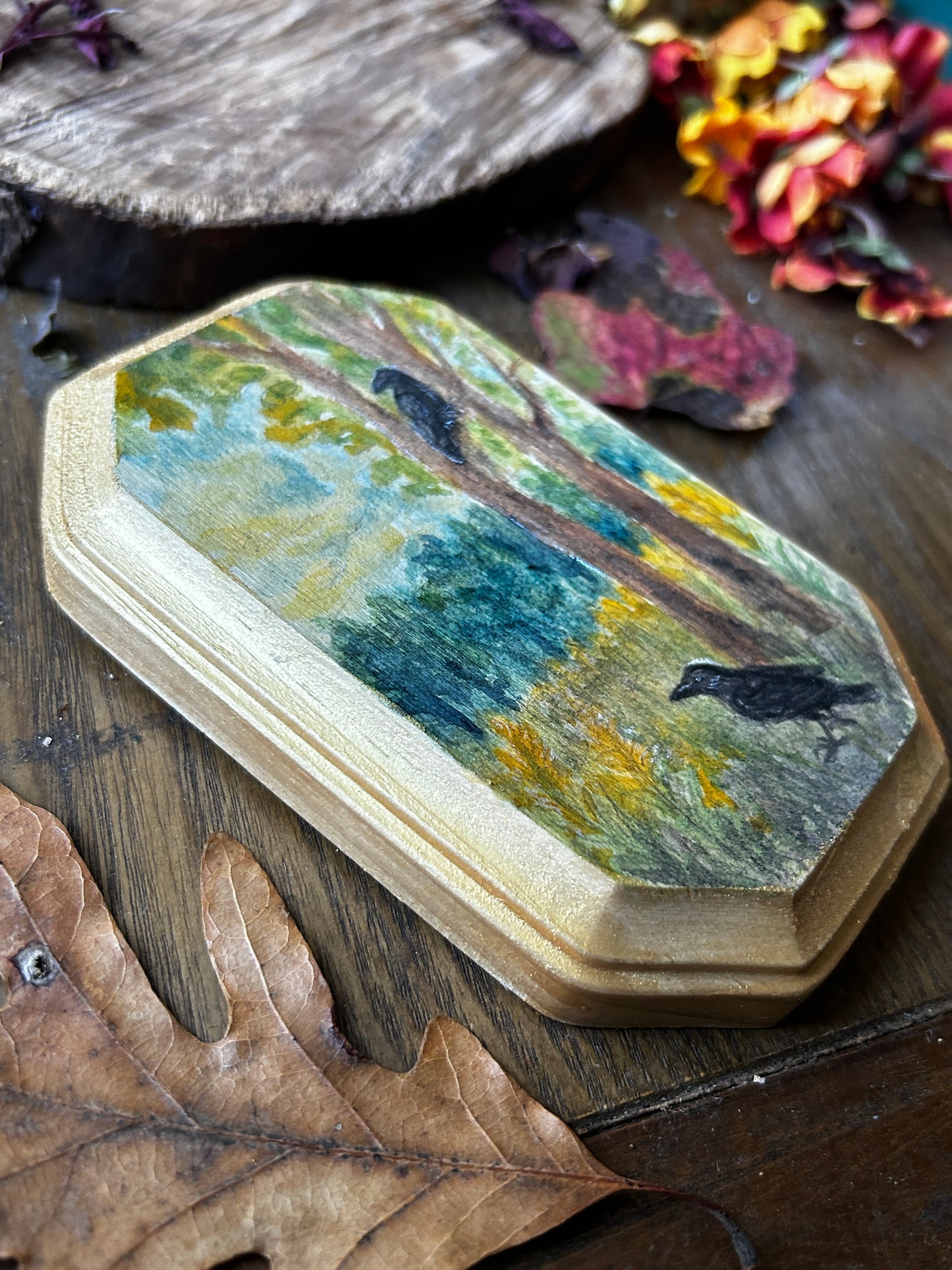 Original miniature watercolor painting on wood- ready to display art- deer fawn, barred owls, crows, autumn forest, goldenrod, blackberry bramble