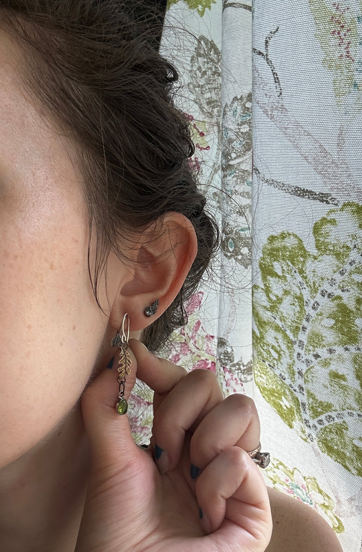 Oak leaves and Peridot earrings- sterling silver and brass jewelry