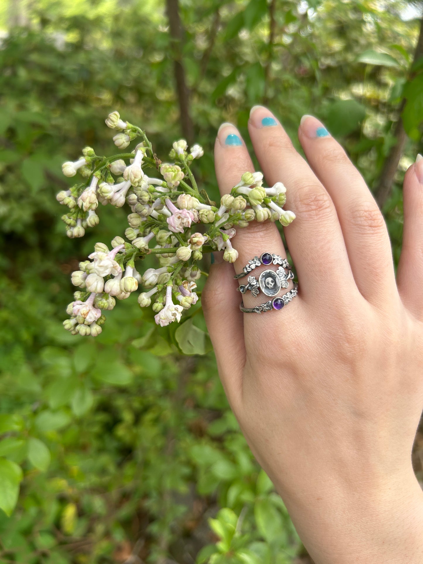 Skull & ivy ring -memento mori sterling silver with quartz jewelry