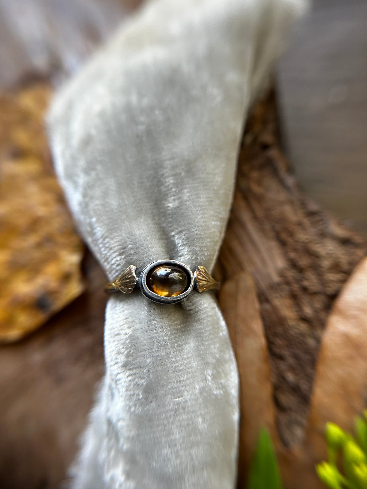 Ginkgo Leaves and Imperial Topaz Ring- sterling silver and brass jewelry
