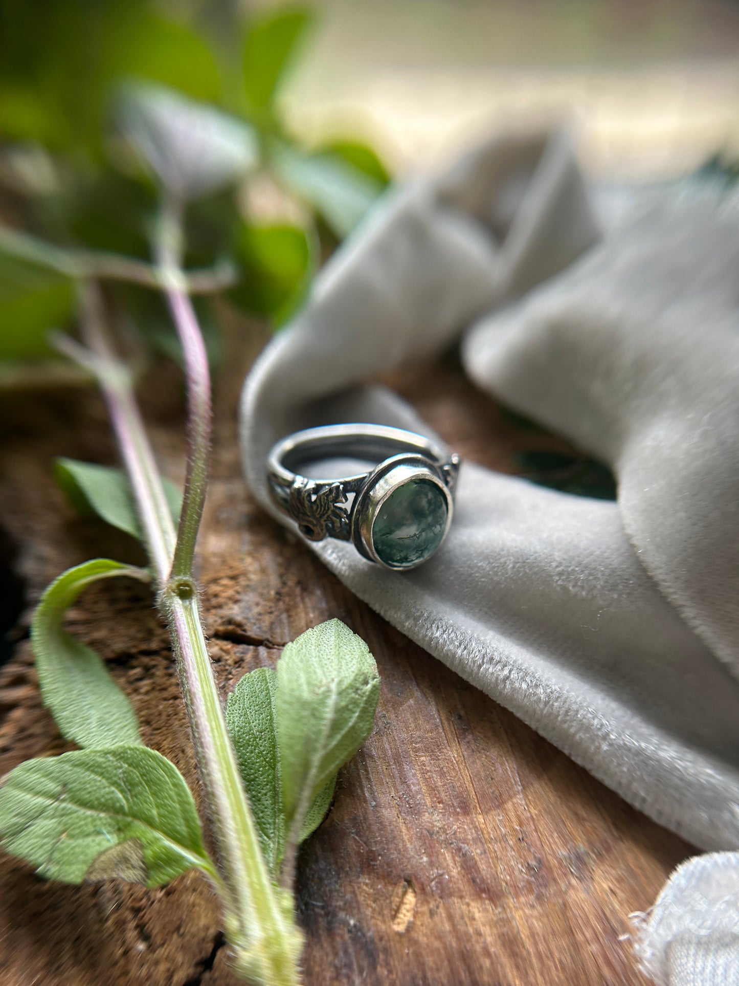 Kelpie Ring with Moss Agate- sterling silver jewelry