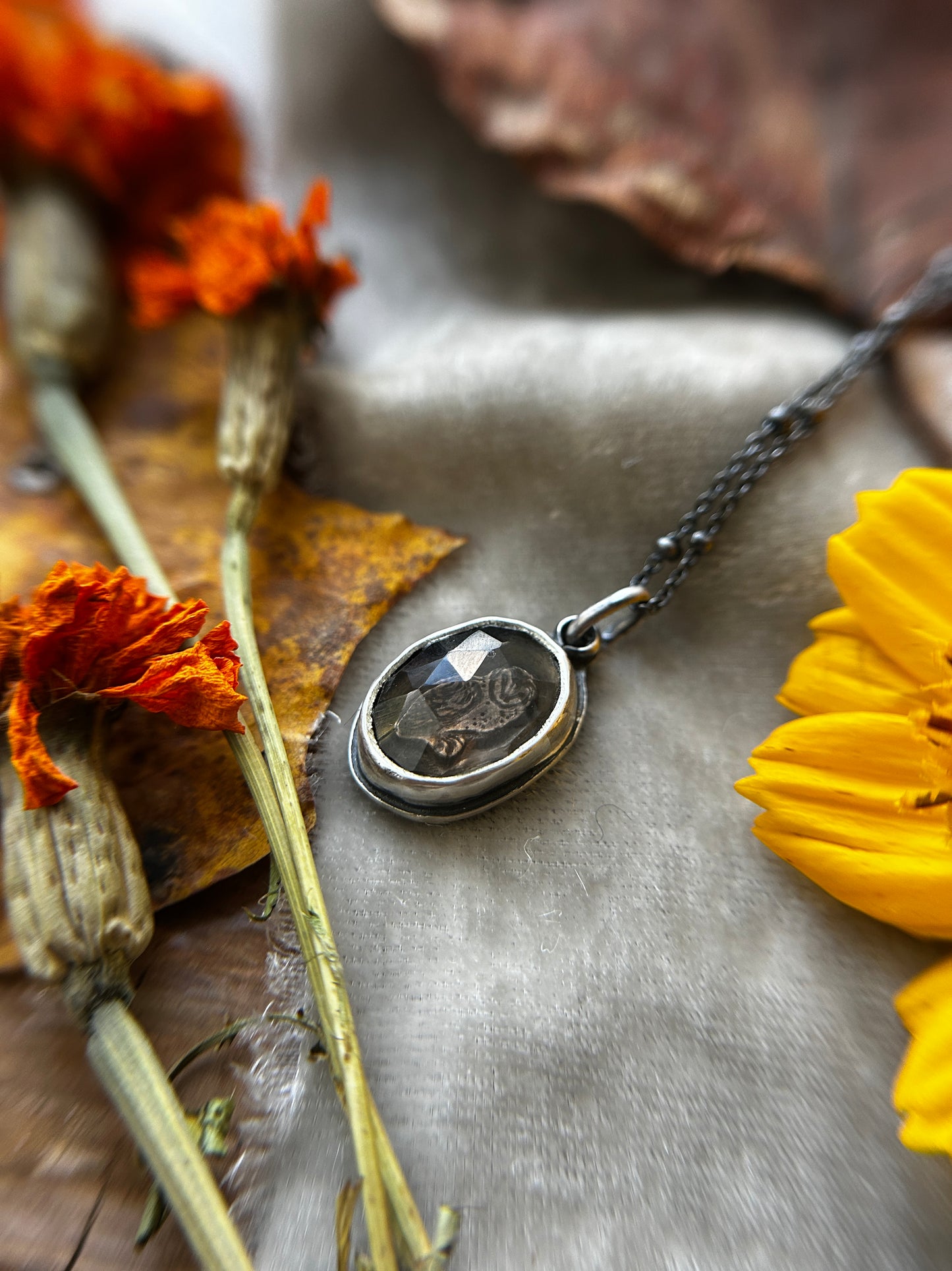 Smoky quartz barn owl necklace- Sterling silver jewelry