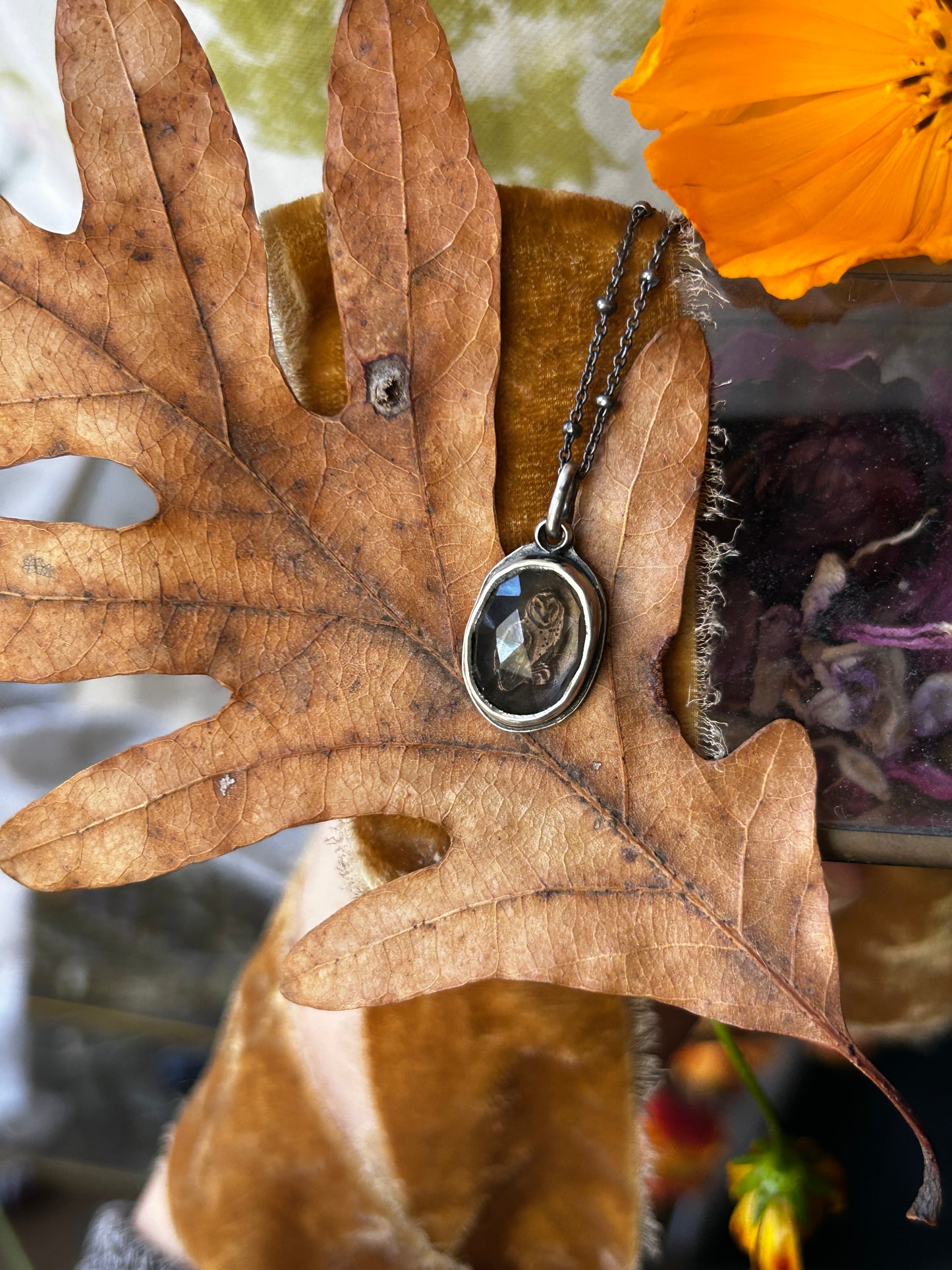 Smoky quartz barn owl necklace- Sterling silver jewelry