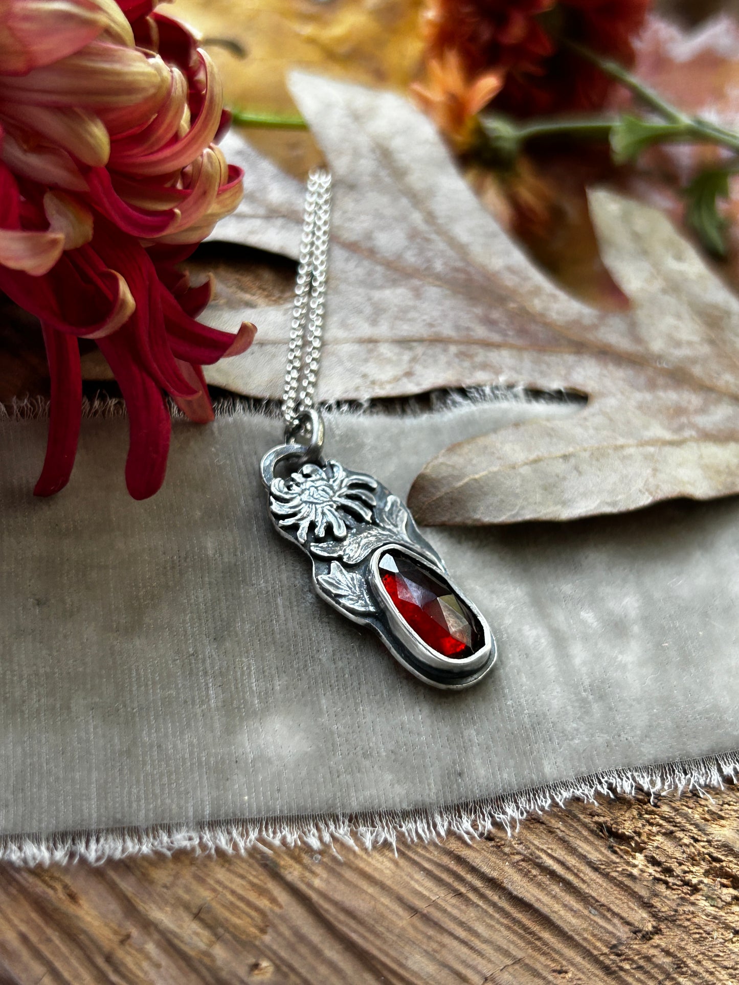 Red Chrysanthemum Flower Garnet Necklace- sterling silver jewelry