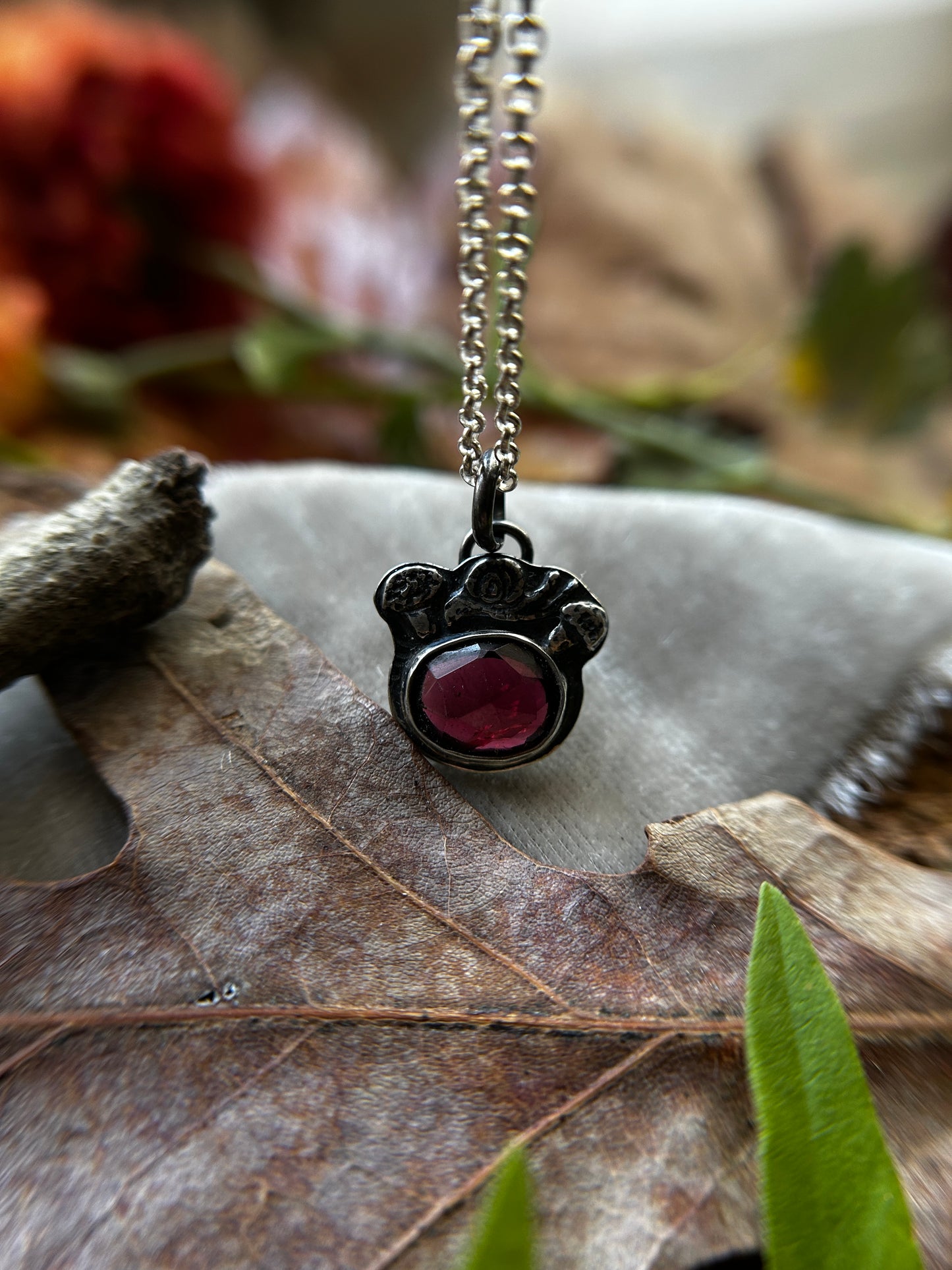 Mushroom Snail with Garnet Necklace- Sterling silver jewelry