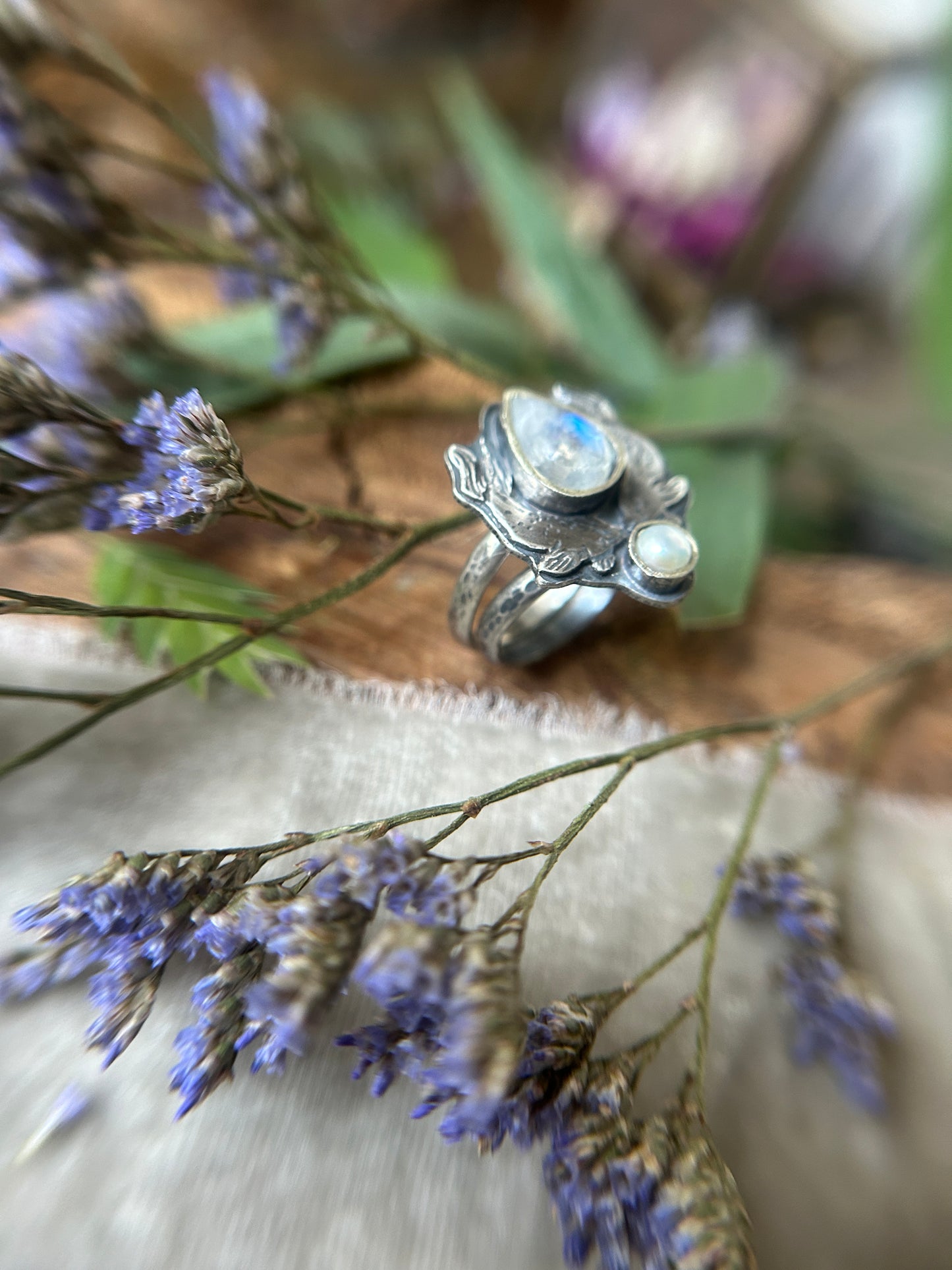 Selkie Tears Ring with Rainbow Moonstone and Pearl- sterling silver jewelry