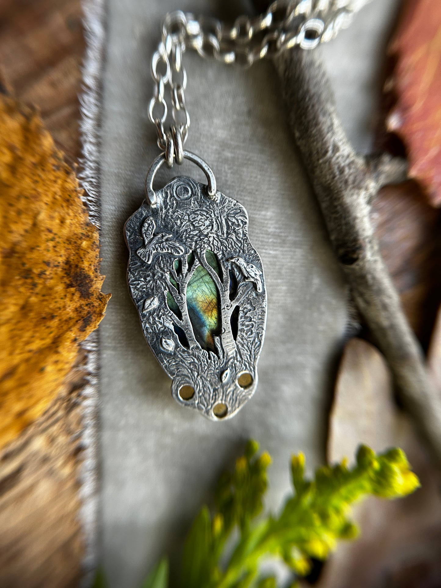 Aspen Crown Labradorite Necklace with Citrine and hidden crow forest tree back- sterling silver jewelry