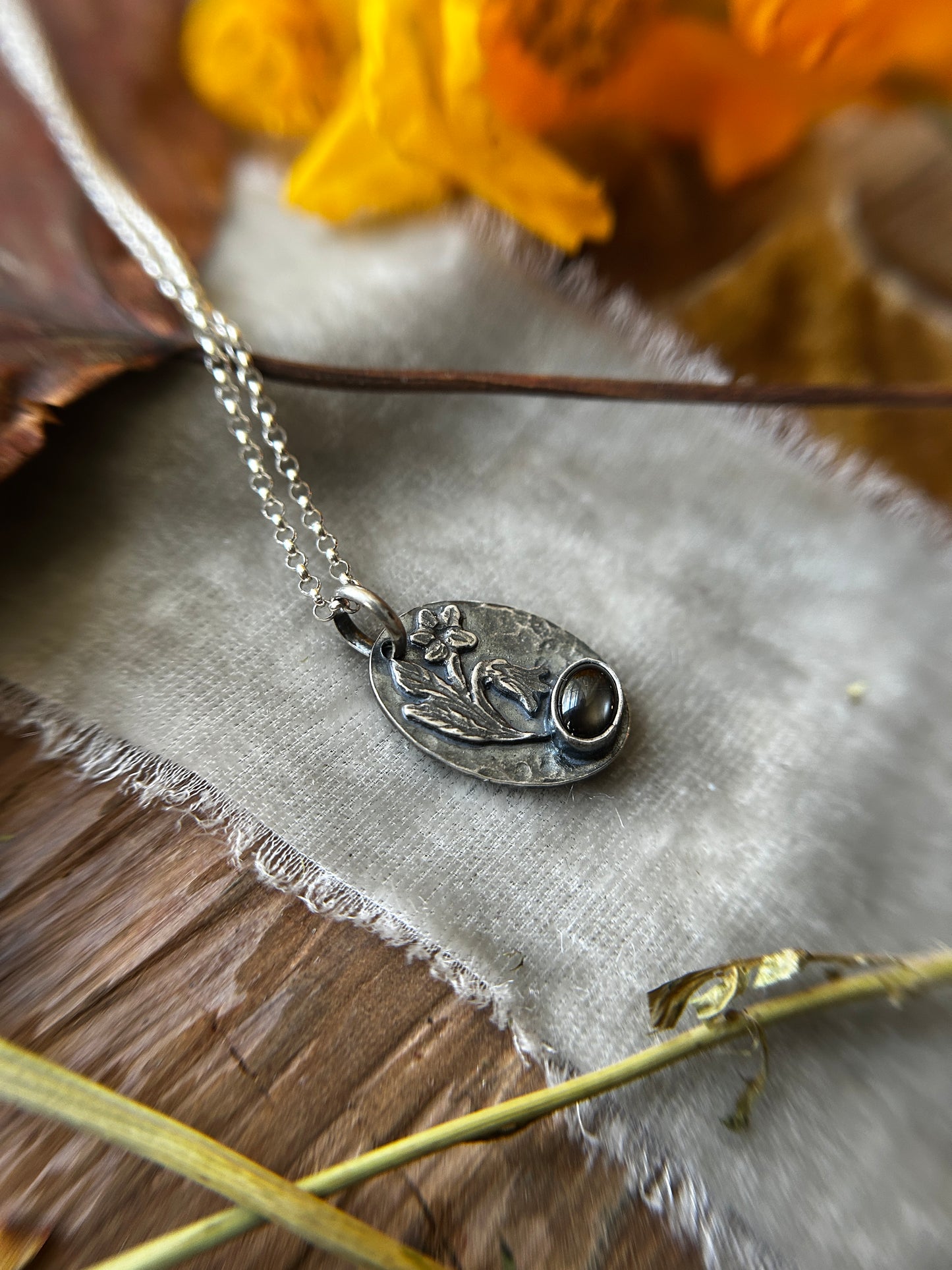 Deadly belladonna flower with black star sapphire necklace- Sterling silver jewelry ready to ship