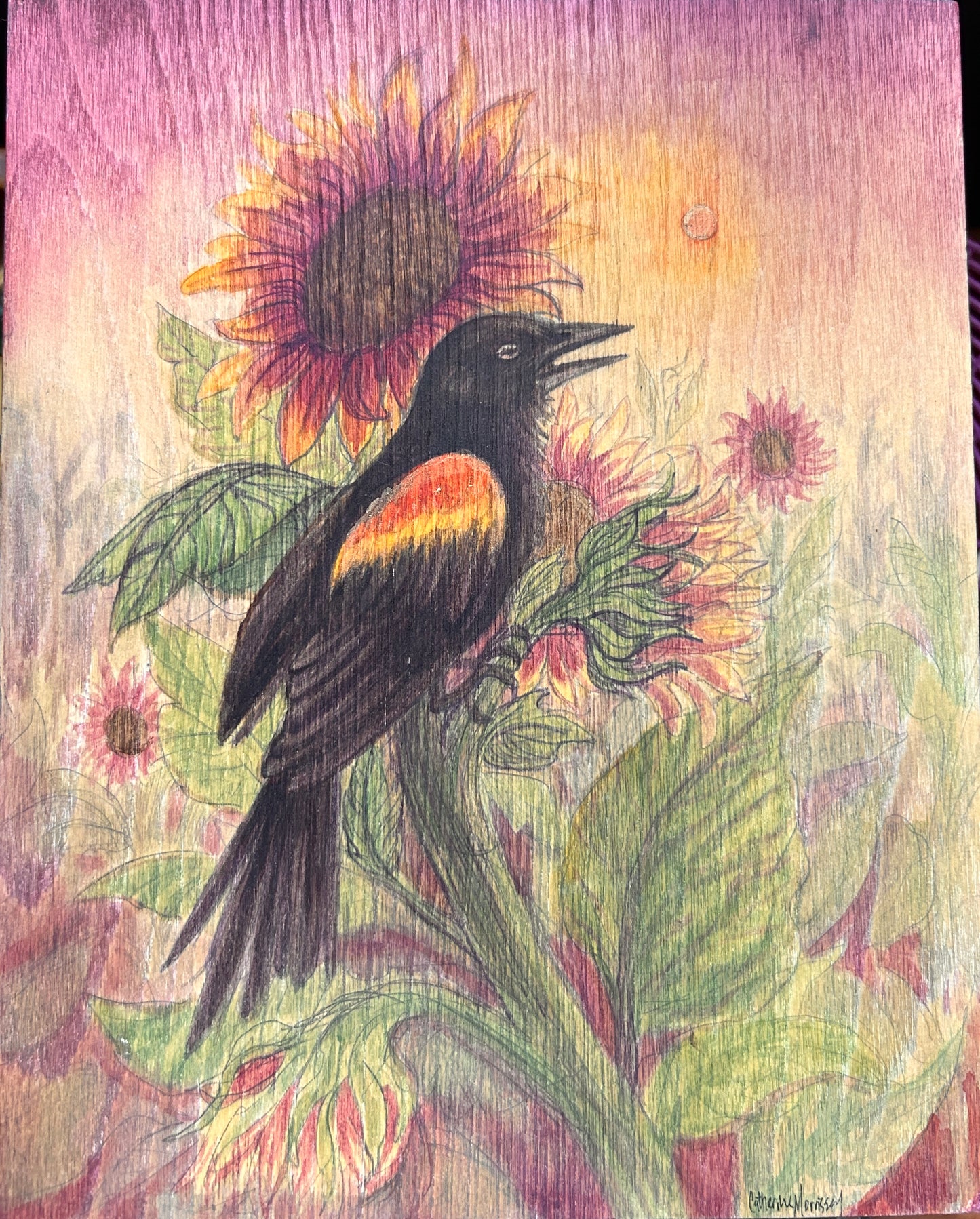 Red winged blackbird harvest sunset with sunflowers- original painting on wood panel