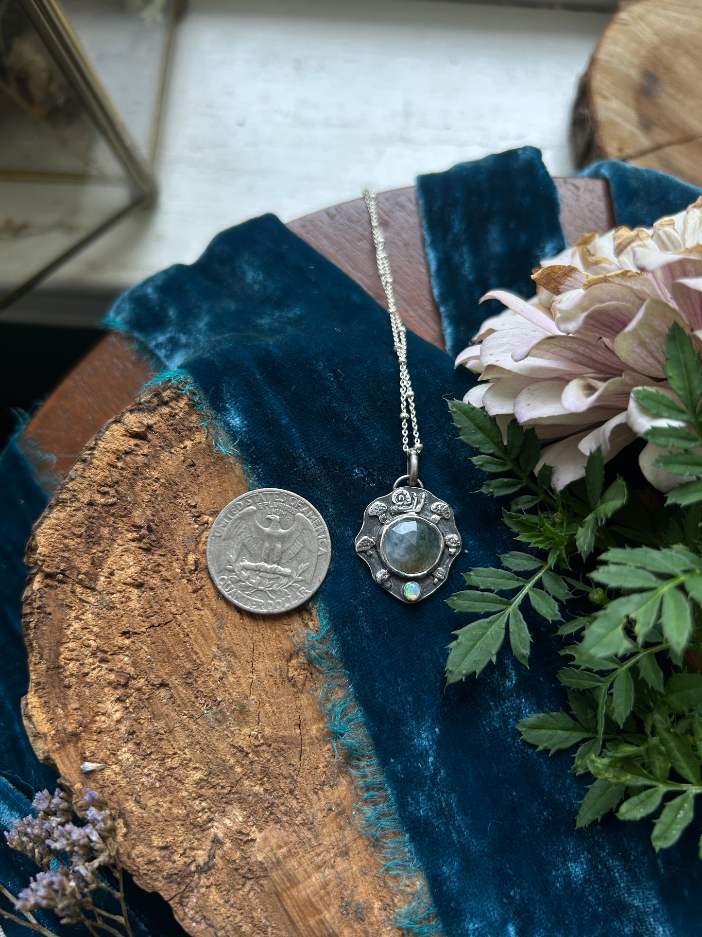 Fairy Ring Necklace with moss agate, opal, snail, and mushrooms- sterling silver jewelry