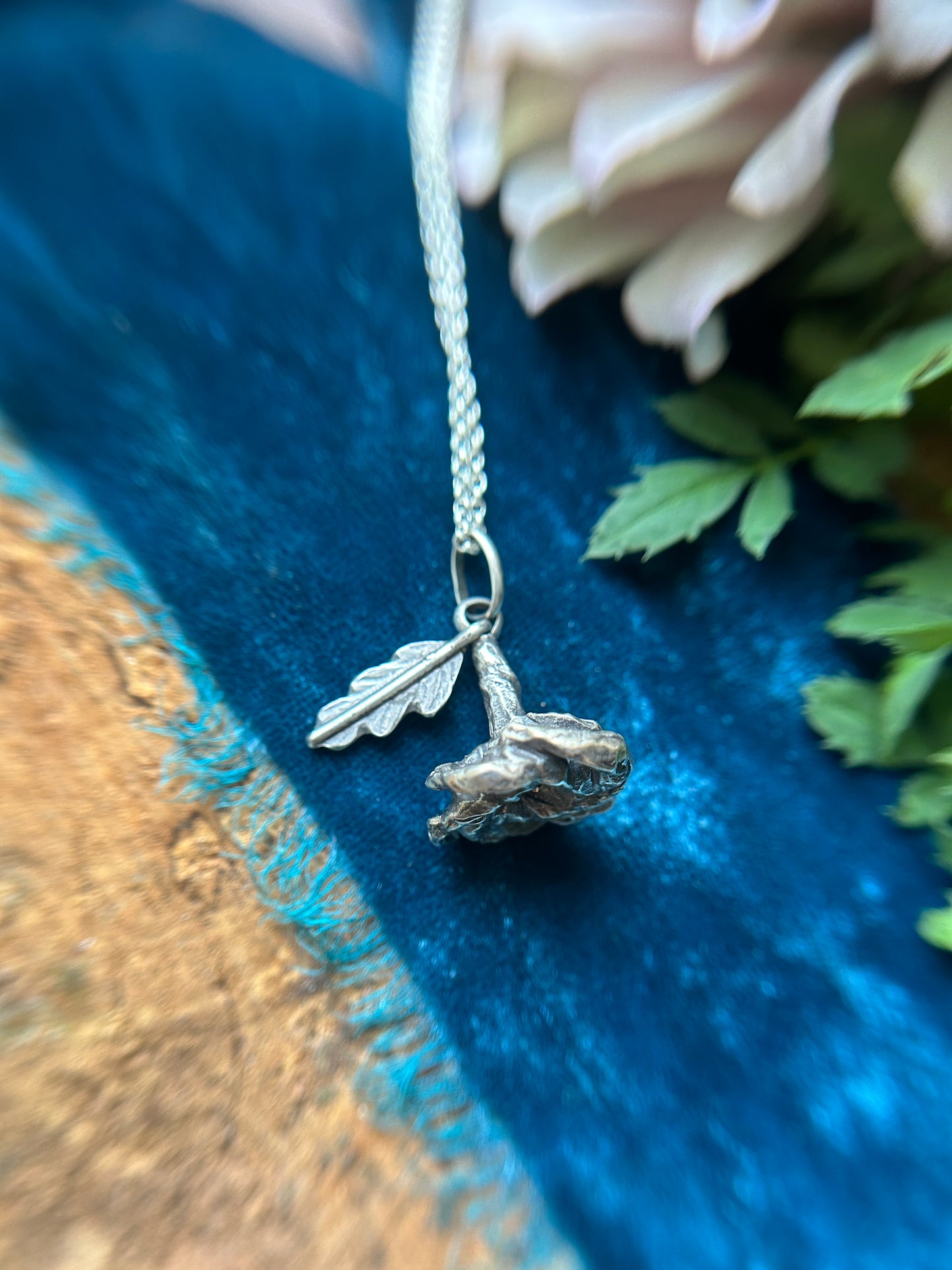Datura Blossom Necklace with leaf- lost cast sterling silver jewelry