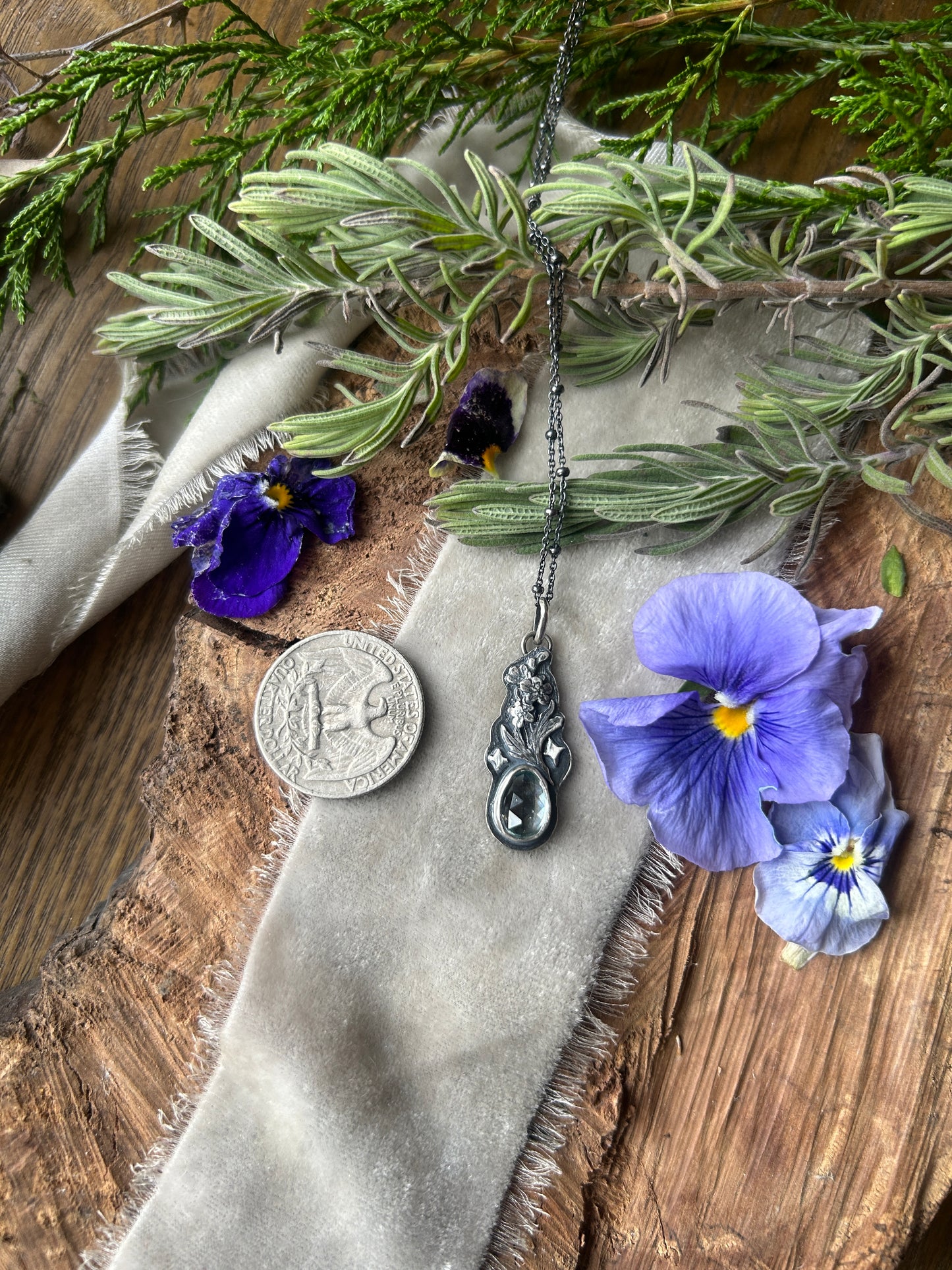 Delphinium Flower with Aquamarine Necklace- sterling silver