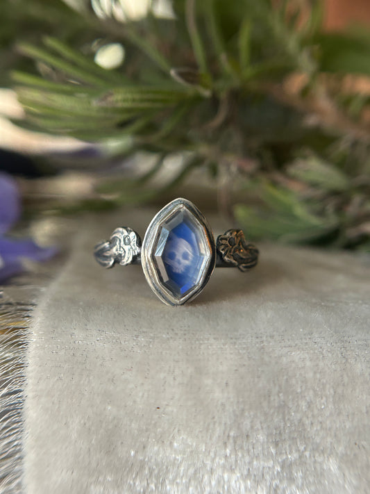 Datura Flower Skull with Portrait Cut Rainbow Moonstone -sterling silver ring in ring size 8-9