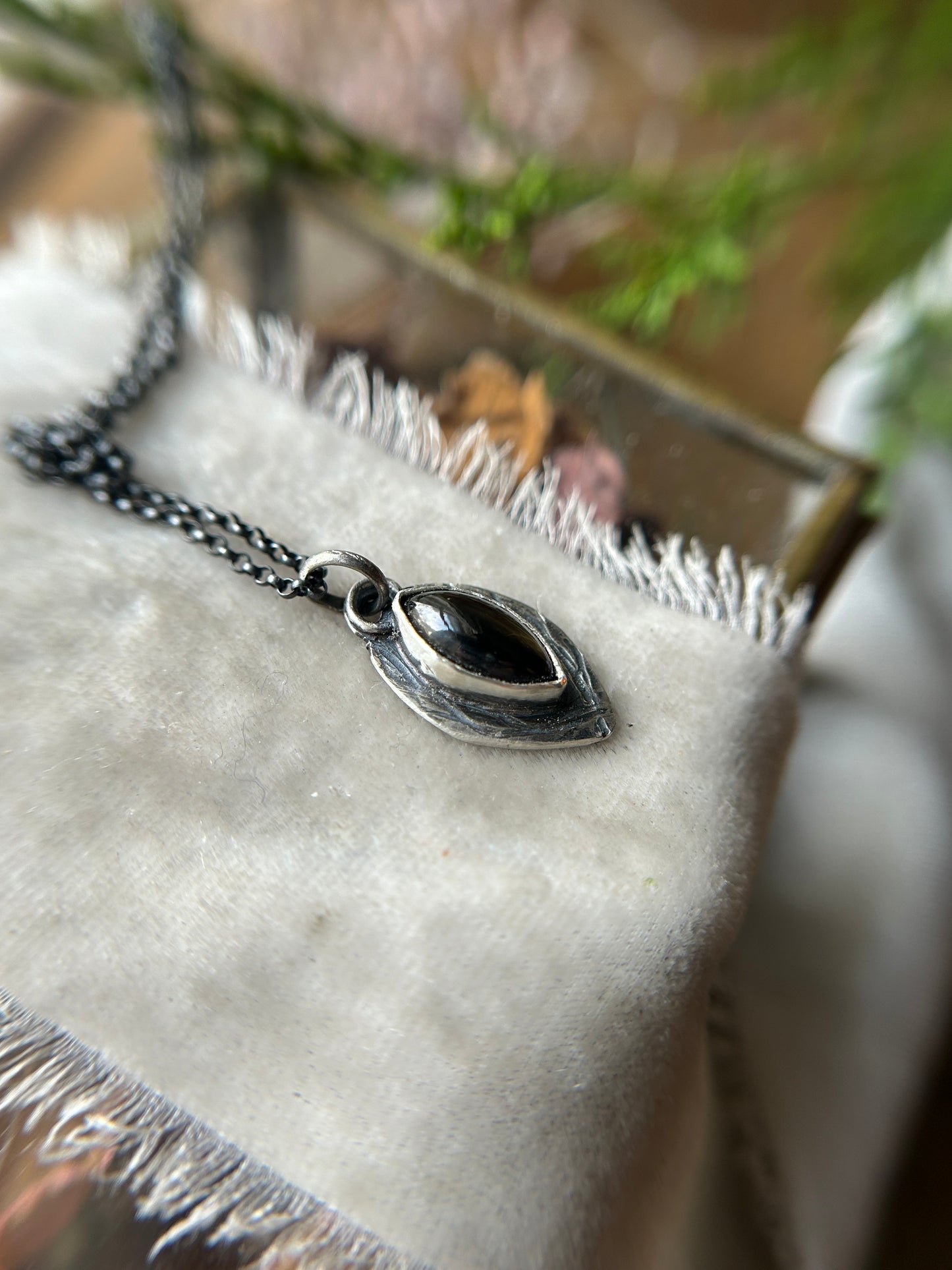 Black Star Sapphire with Woodpecker and Tree Branch Engraved Necklace- sterling silver