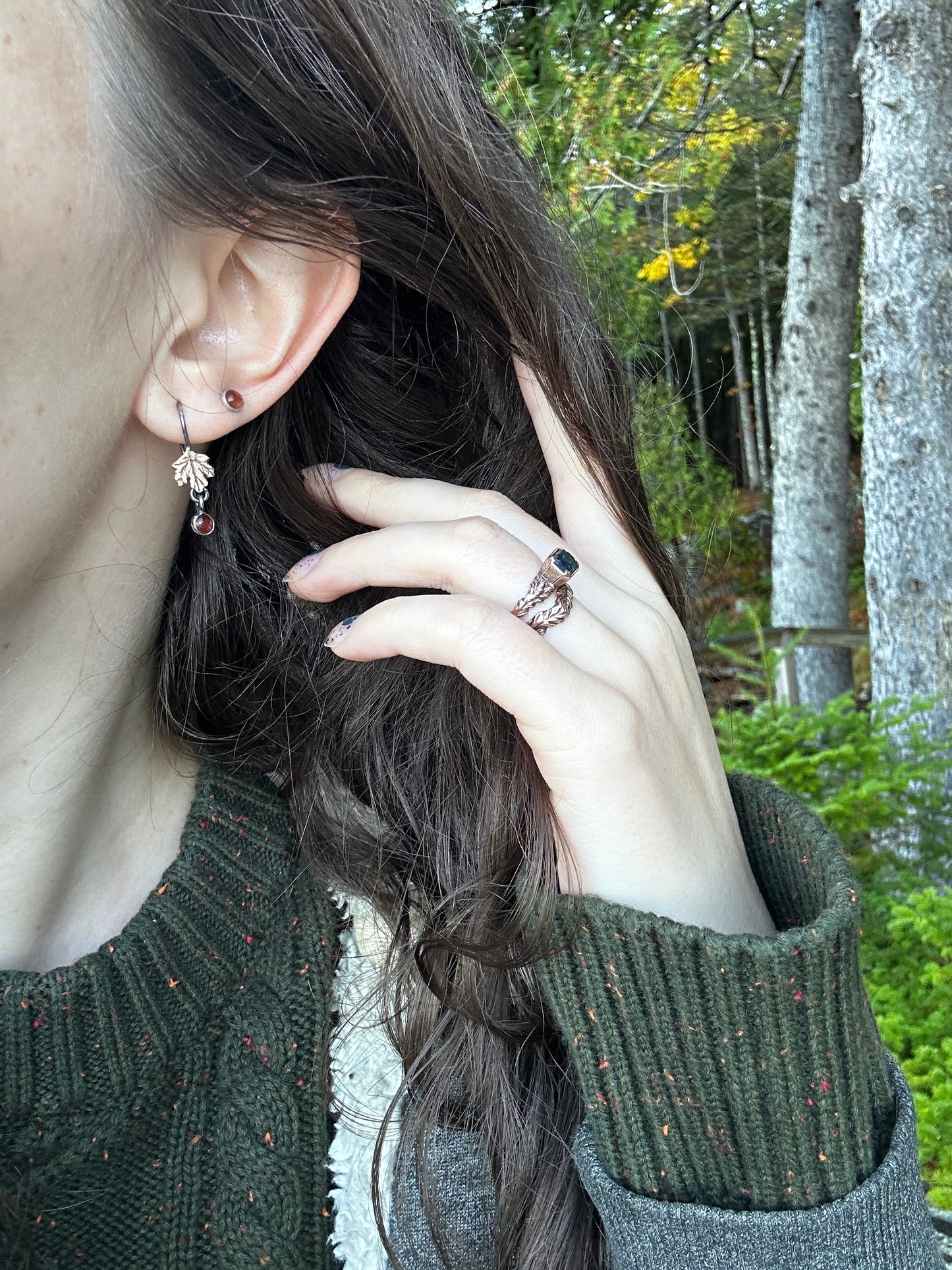 Woodland Leaf Earrings- sterling silver, brass, copper options with gem charm- jewelry