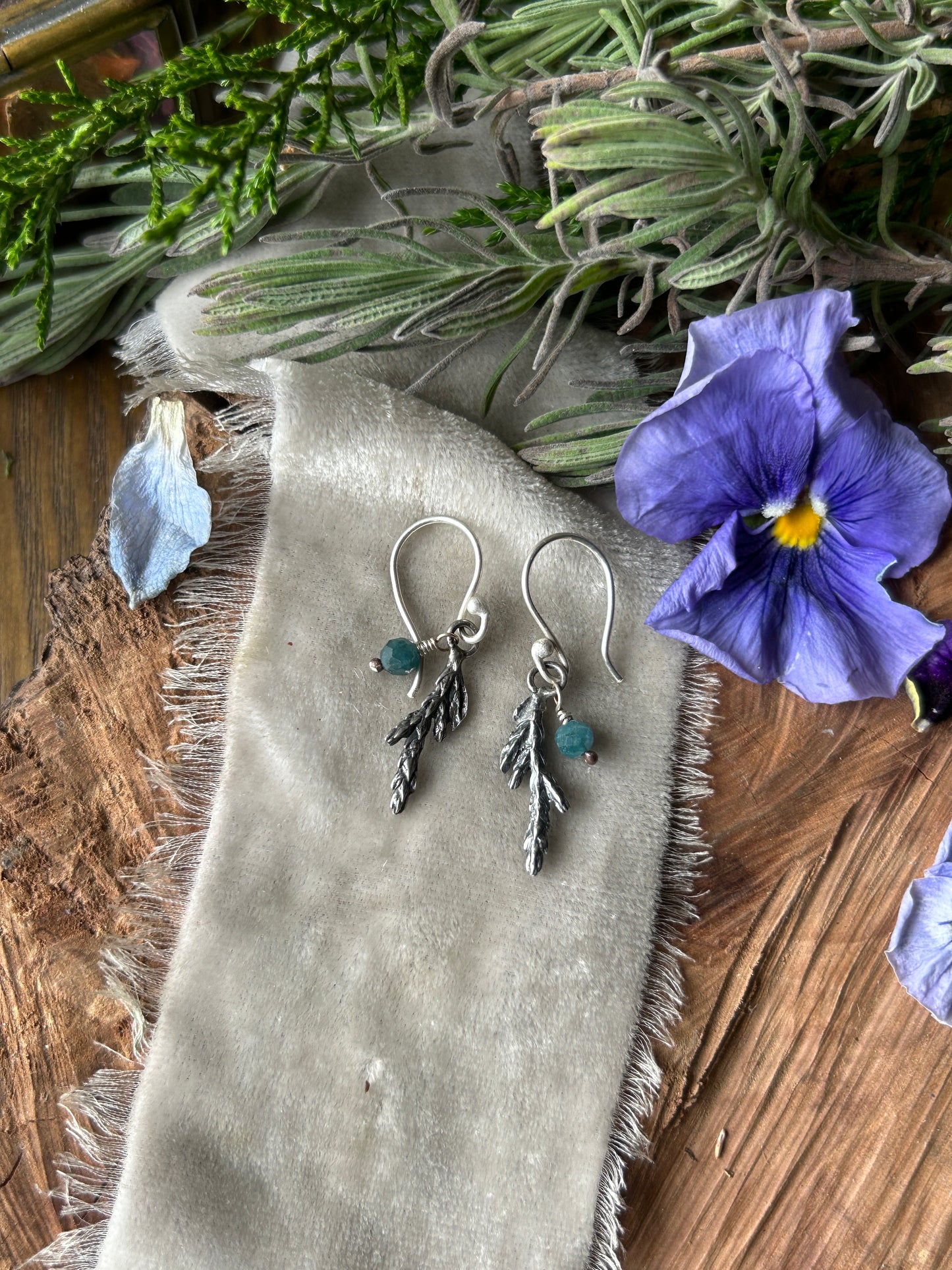 Juniper Sprig Earrings with Gem Charm- sterling silver jewelry