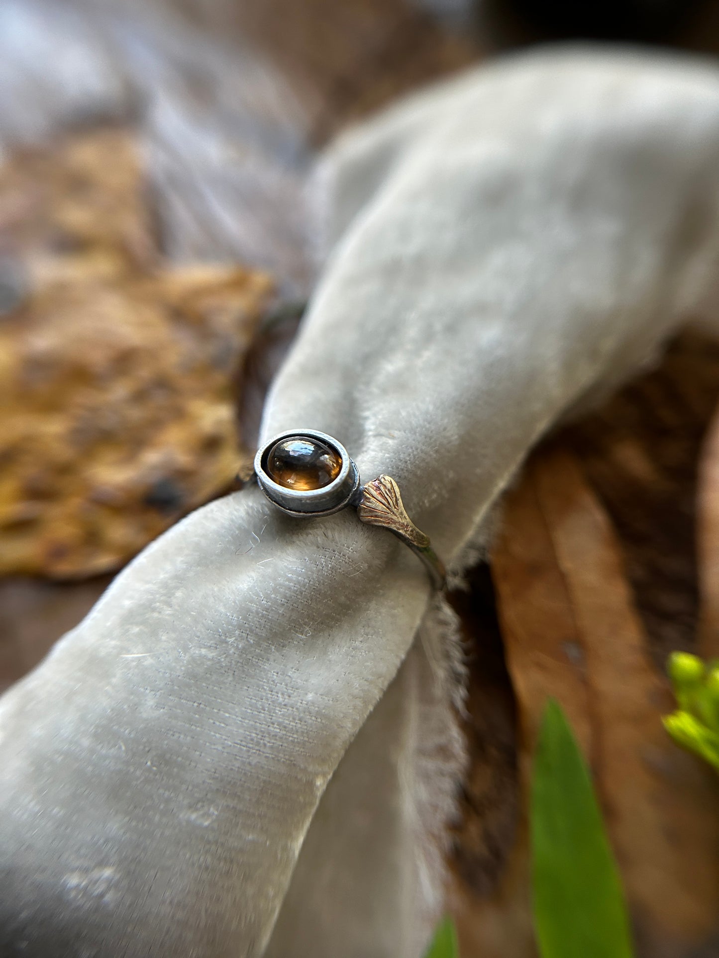 Ginkgo Leaves and Imperial Topaz Ring- sterling silver and brass jewelry