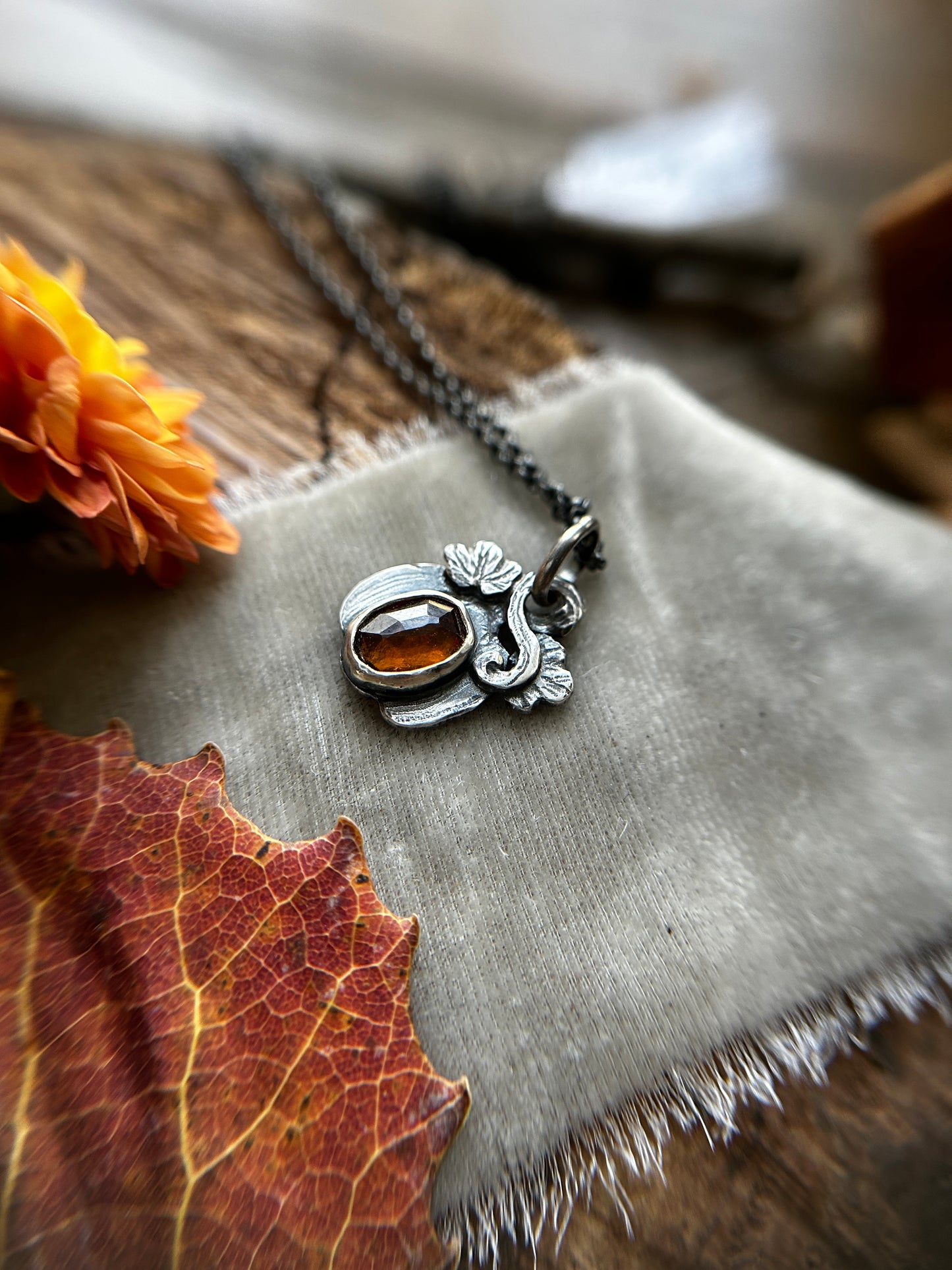 Hessonite Garnet Pumpkin necklace- sterling silver jewelry