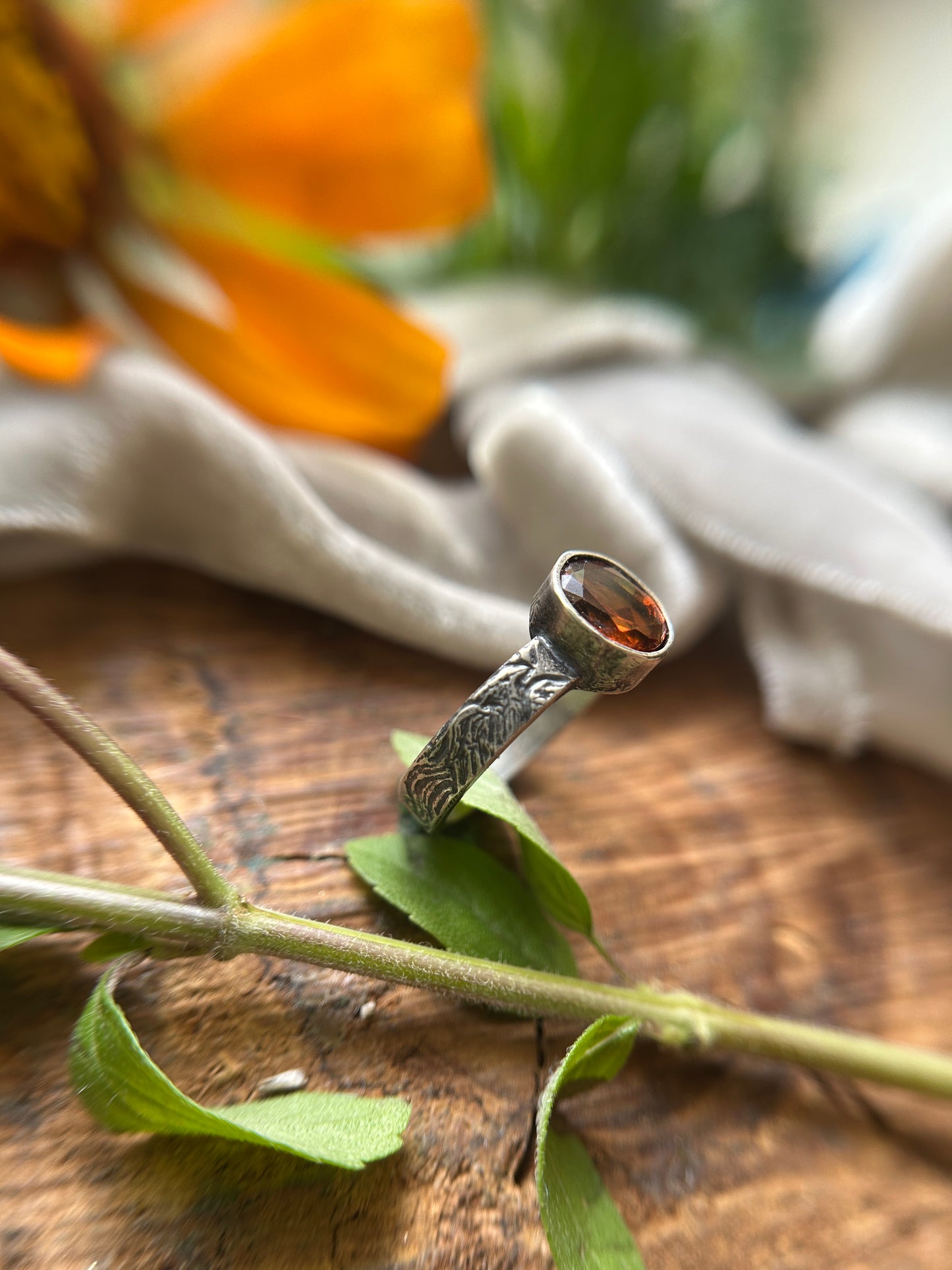 Phoenix in Flight engraved ring with Hessonite Garnet- sterling silver jewelry