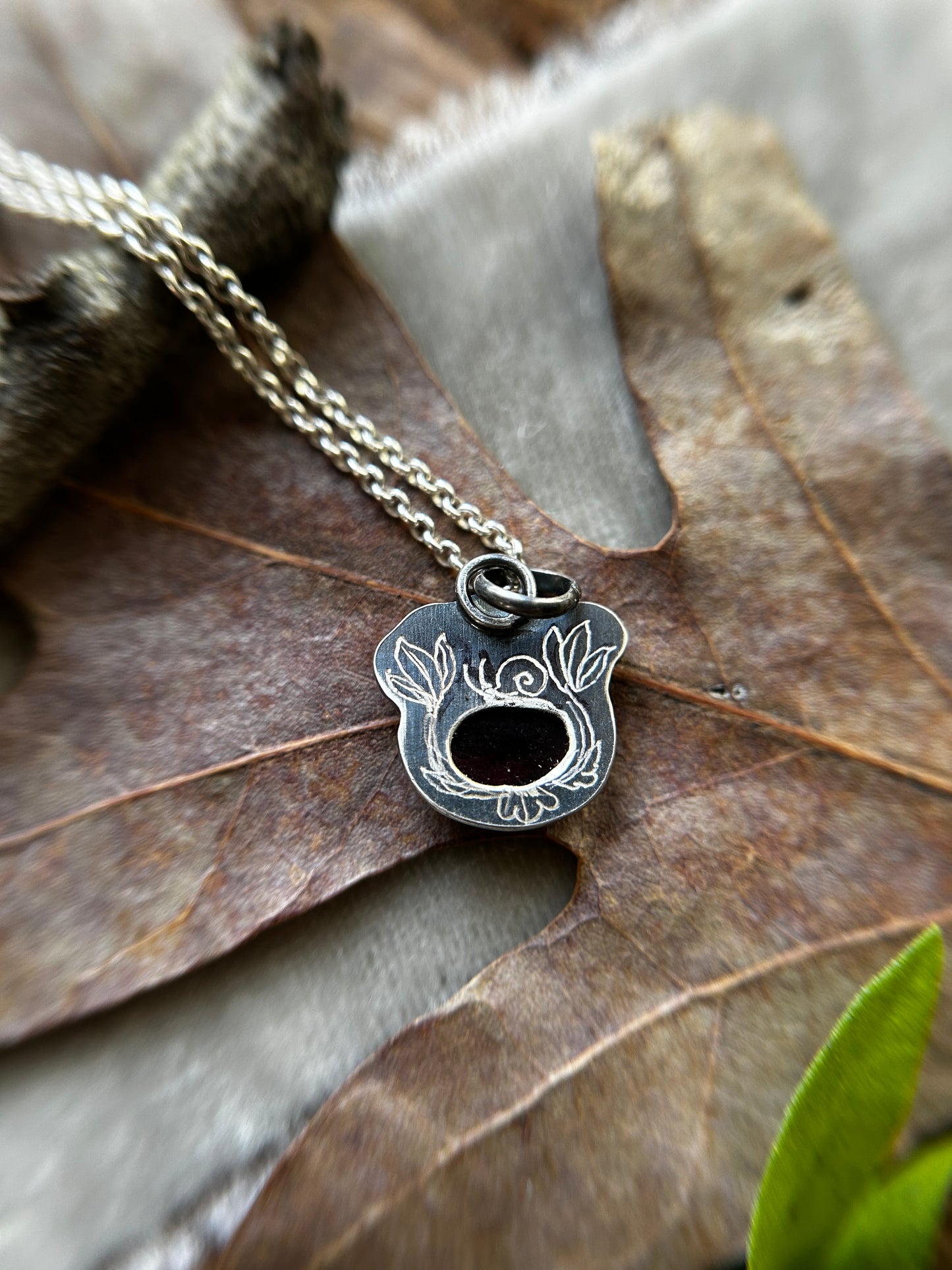 Mushroom Snail with Garnet Necklace- Sterling silver jewelry