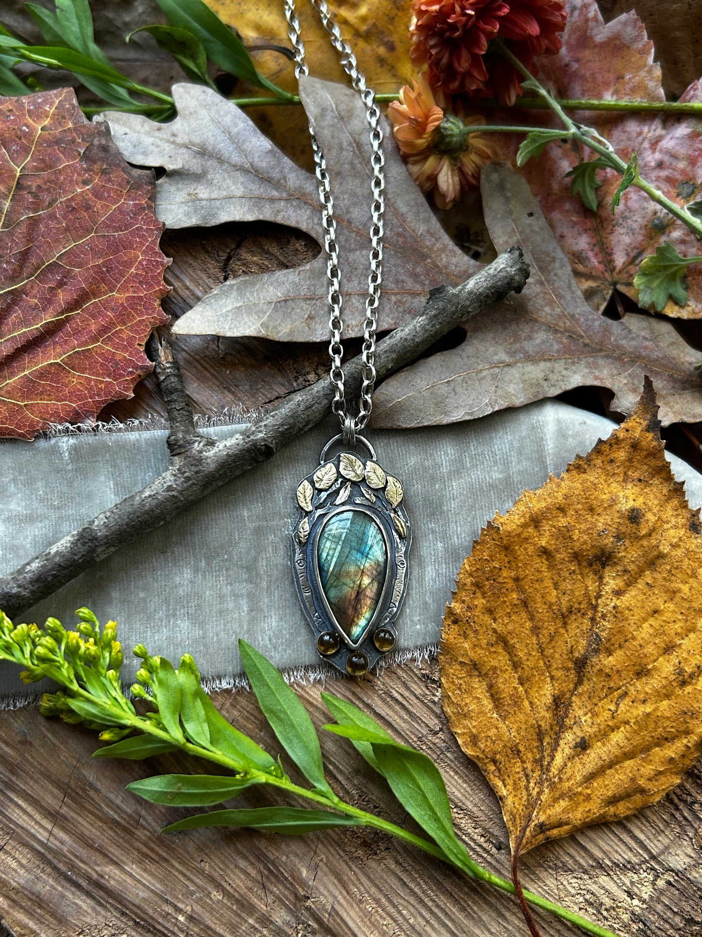 Aspen Crown Labradorite Necklace with Citrine and hidden crow forest tree back- sterling silver jewelry