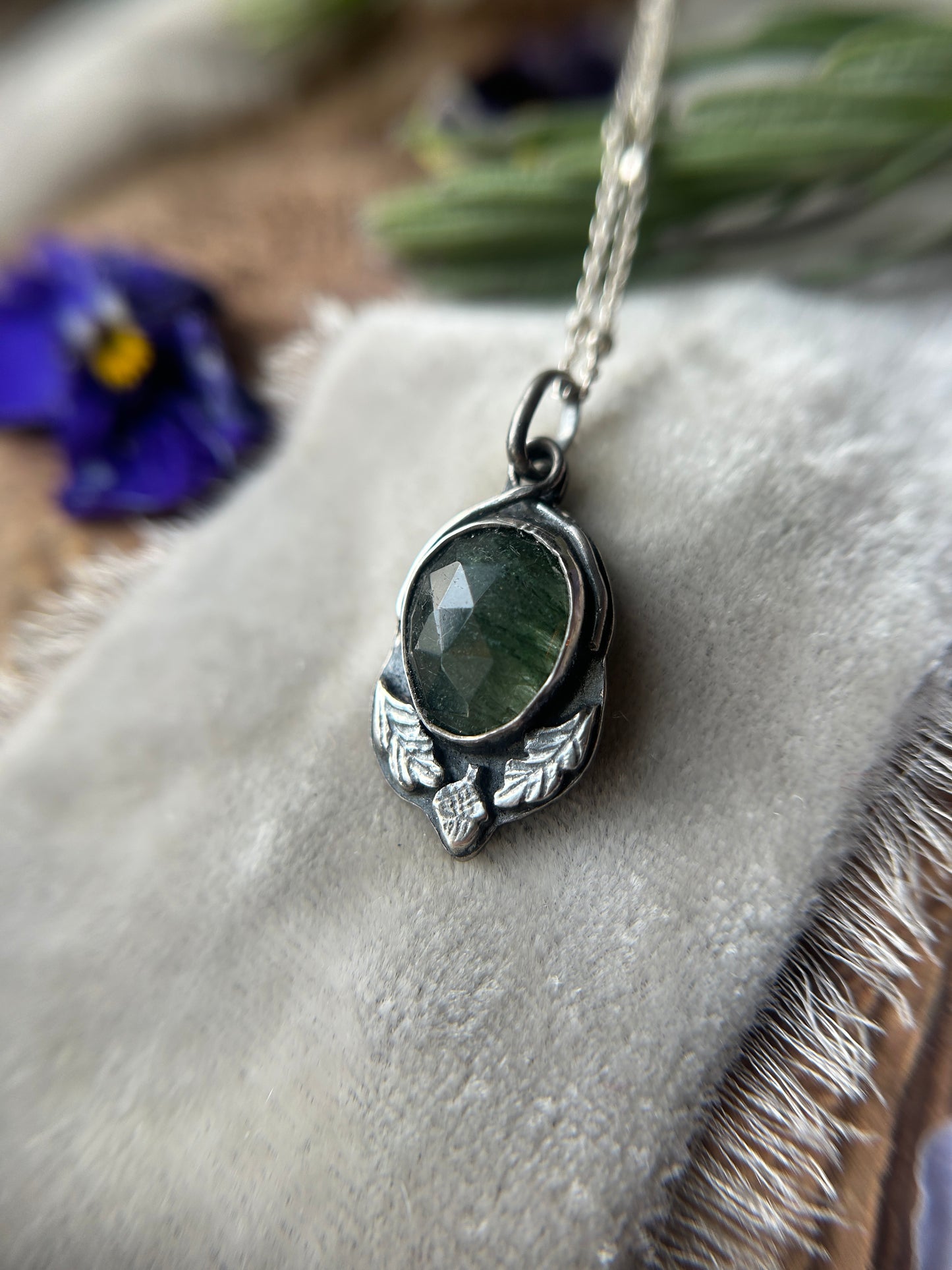 Green Rutilated Quartz Oak and Acorn Necklace with hibernating bear back- sterling silver jewelry