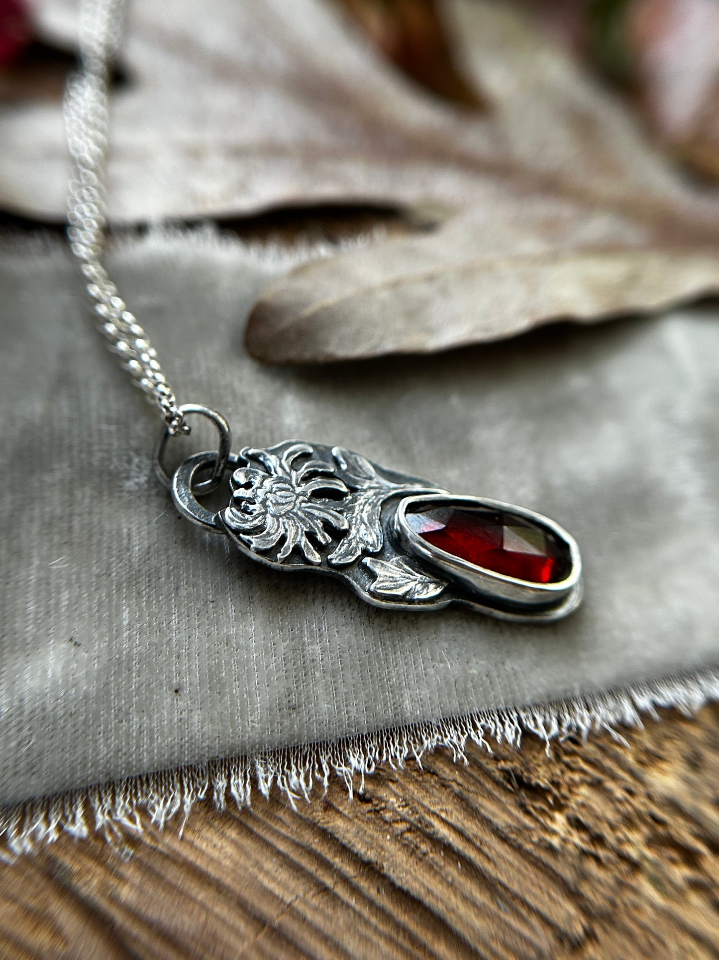 Red Chrysanthemum Flower Garnet Necklace- sterling silver jewelry