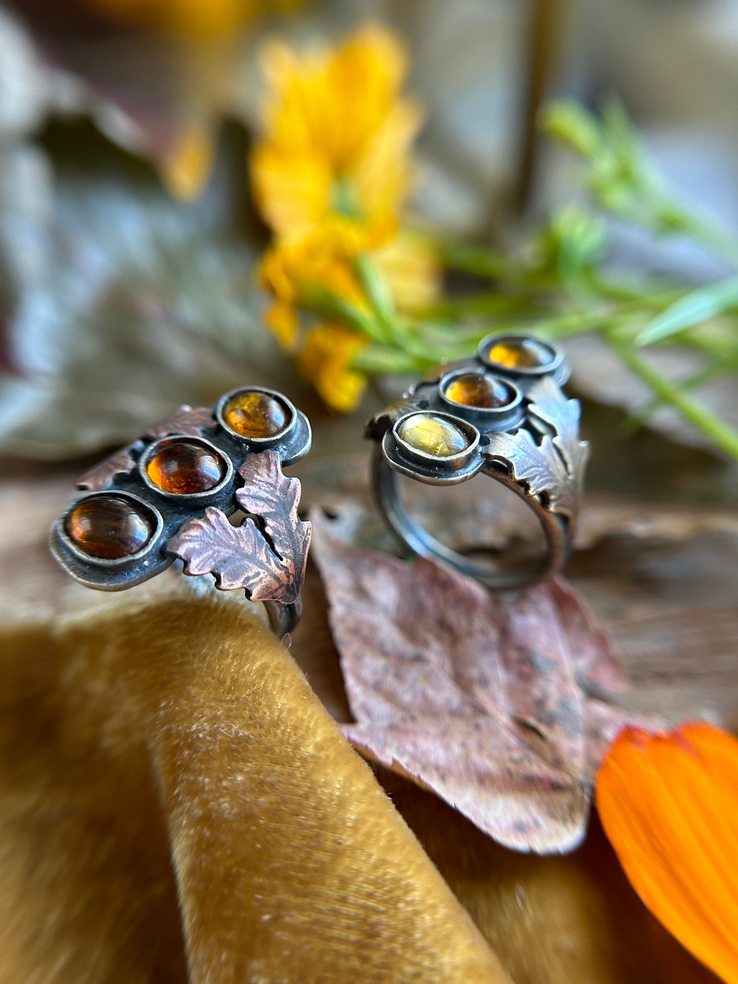 Tourmaline Autumn Forest Rings- any size- choice of green, orange, or yellow. Silver, copper, brass oak leaves