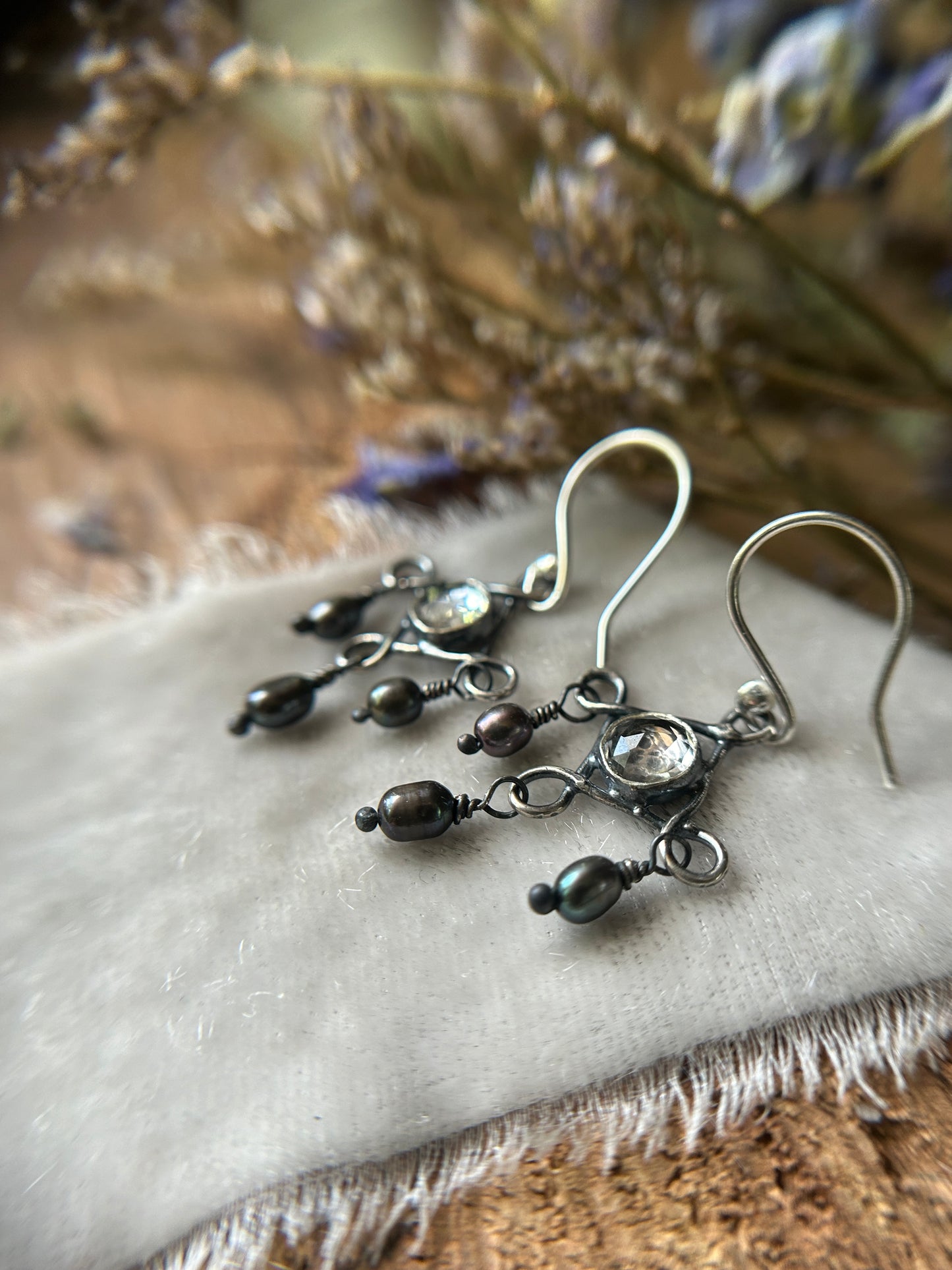 Skull Chandelier Earrings with black or white pearls- sterling silver memento mori jewelry