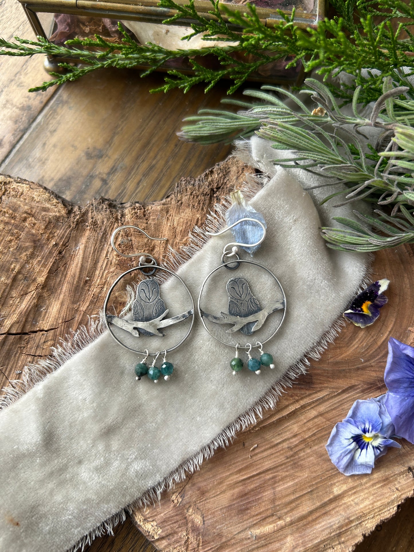 Barn owl earrings in tourmaline with sterling silver