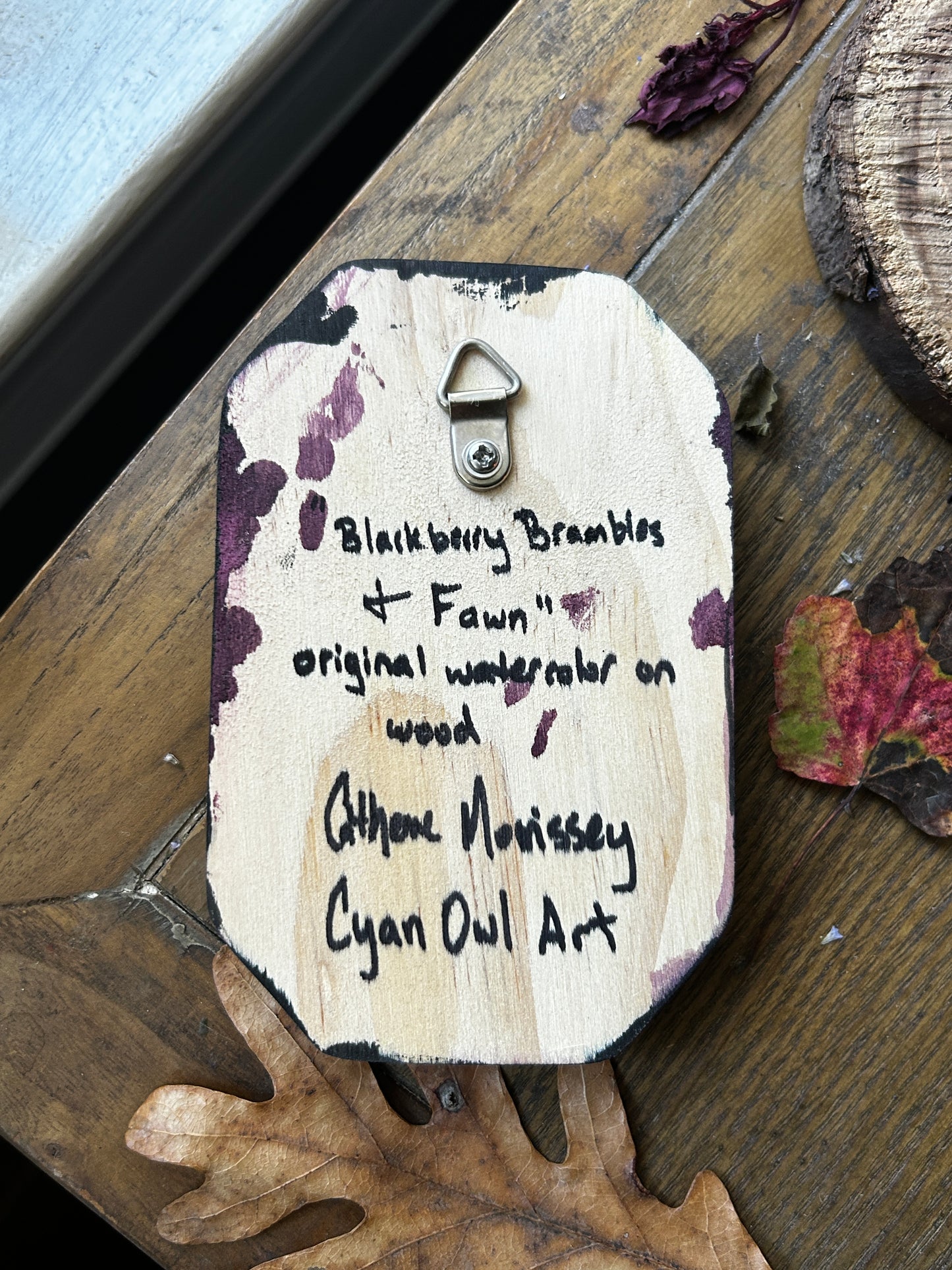 Original miniature watercolor painting on wood- ready to display art- deer fawn, barred owls, crows, autumn forest, goldenrod, blackberry bramble