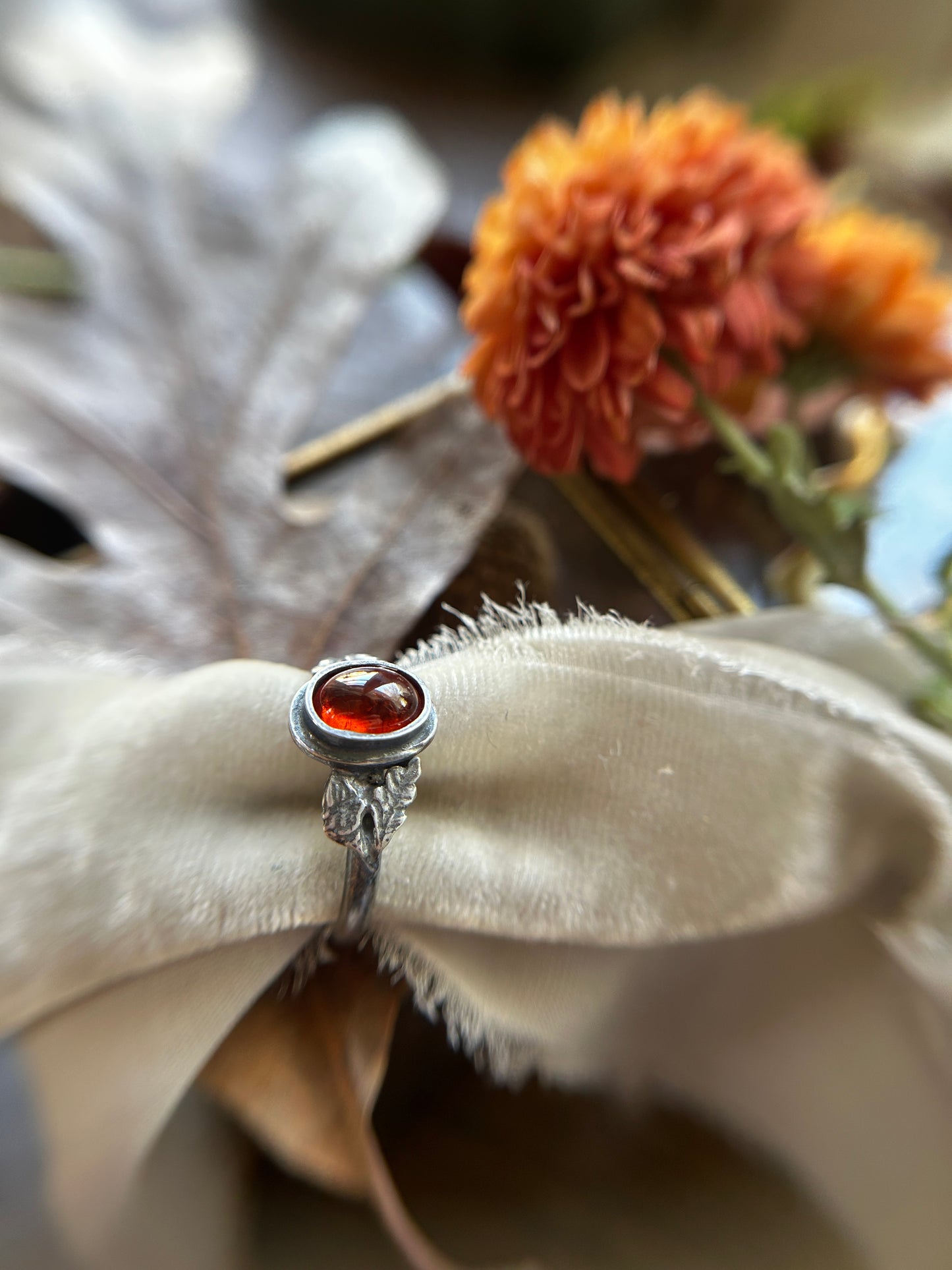 Oak and Acorn Ring in choice of zircon or hessonite garnet- sterling silver jewelry
