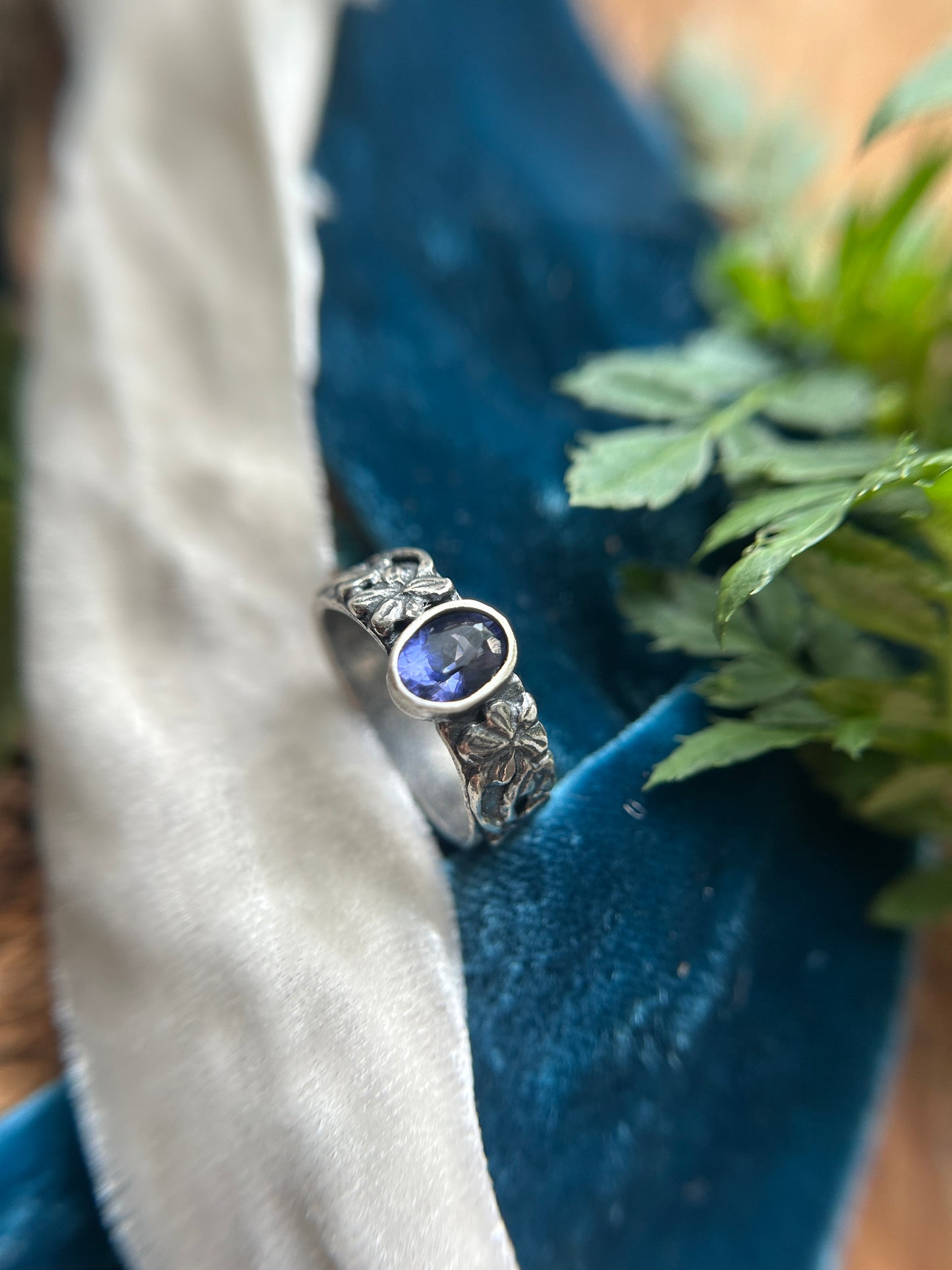 Woods Violet and Iolite wide hammered band ring- sterling silver jewelry
