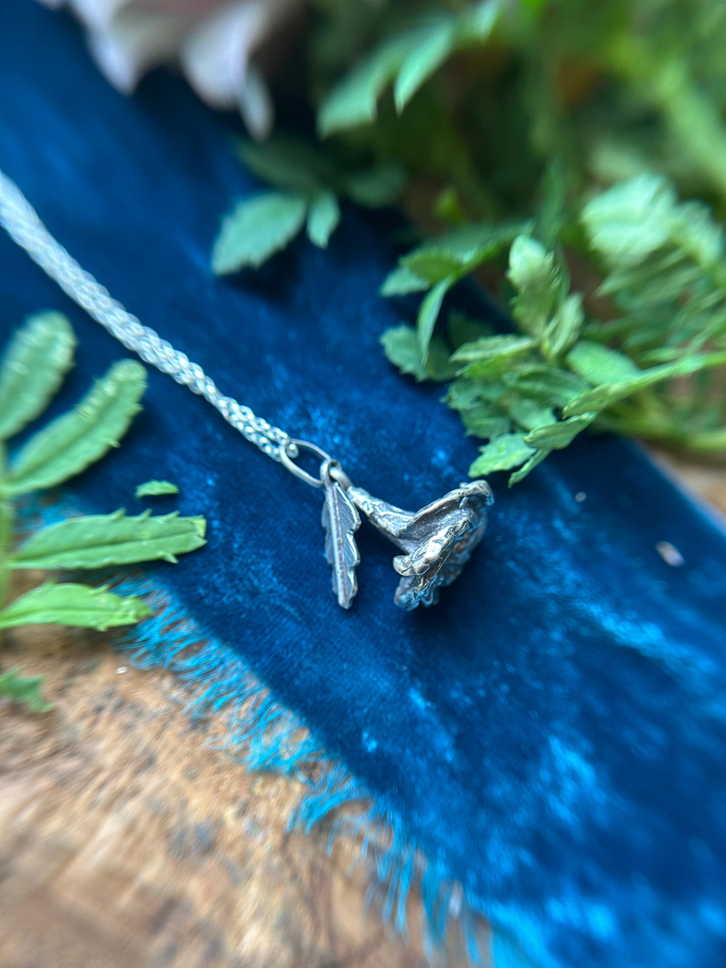 Datura Blossom Necklace with leaf- lost cast sterling silver jewelry