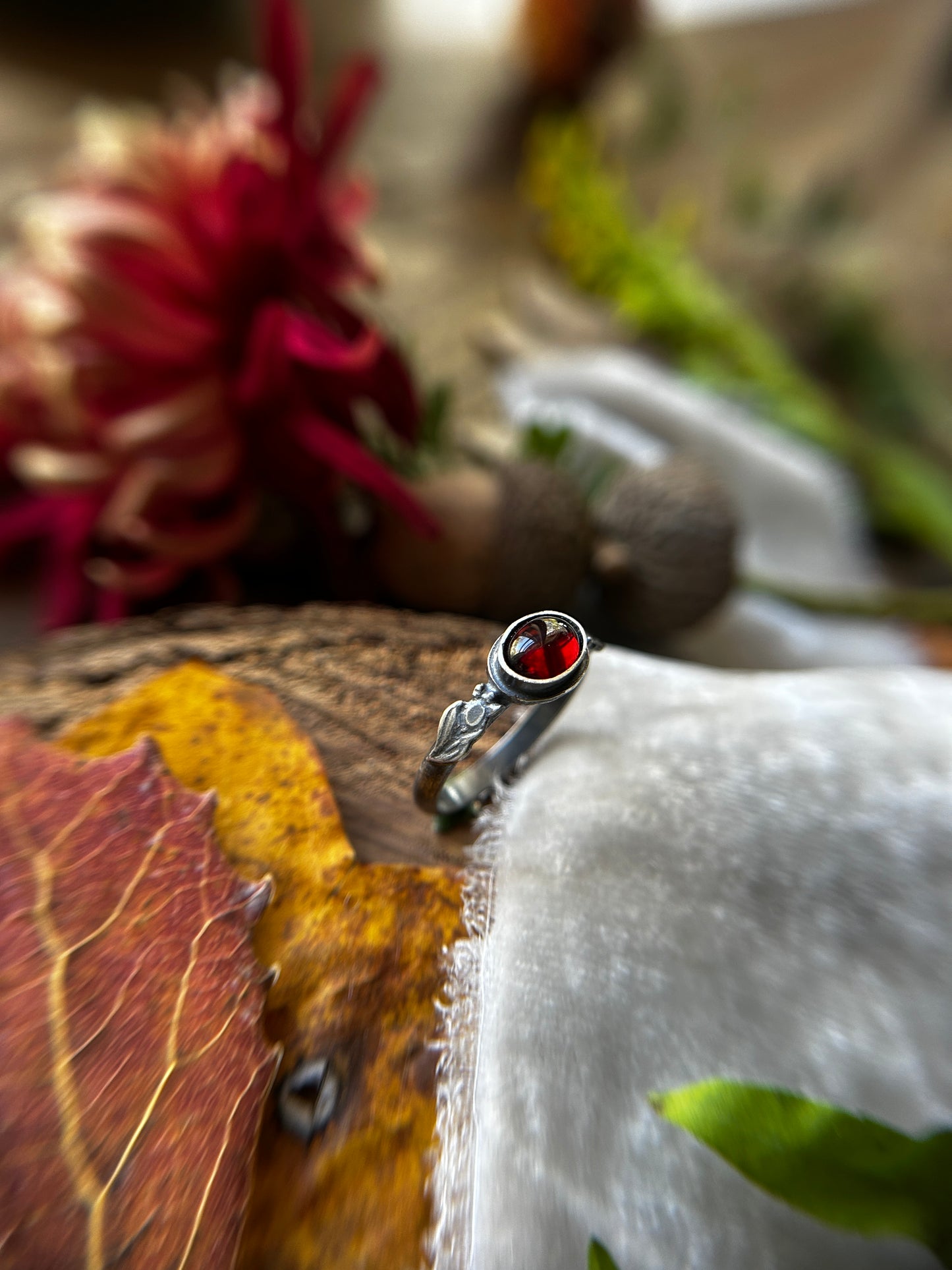 Pomegranate Garnet Ring with hidden moon- sterling silver jewelry
